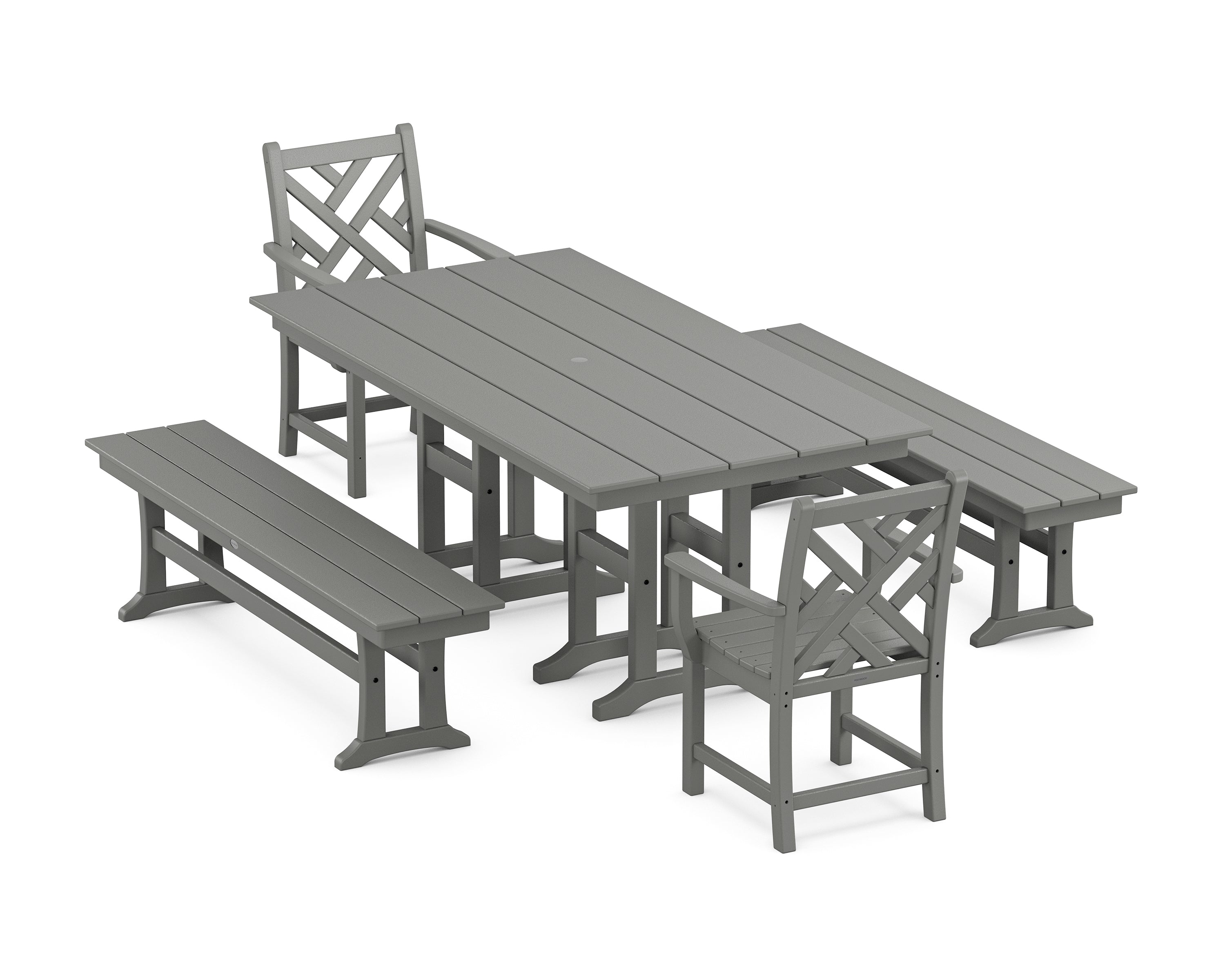 POLYWOOD Chippendale 5-Piece Farmhouse Dining Set with Benches in Slate Grey