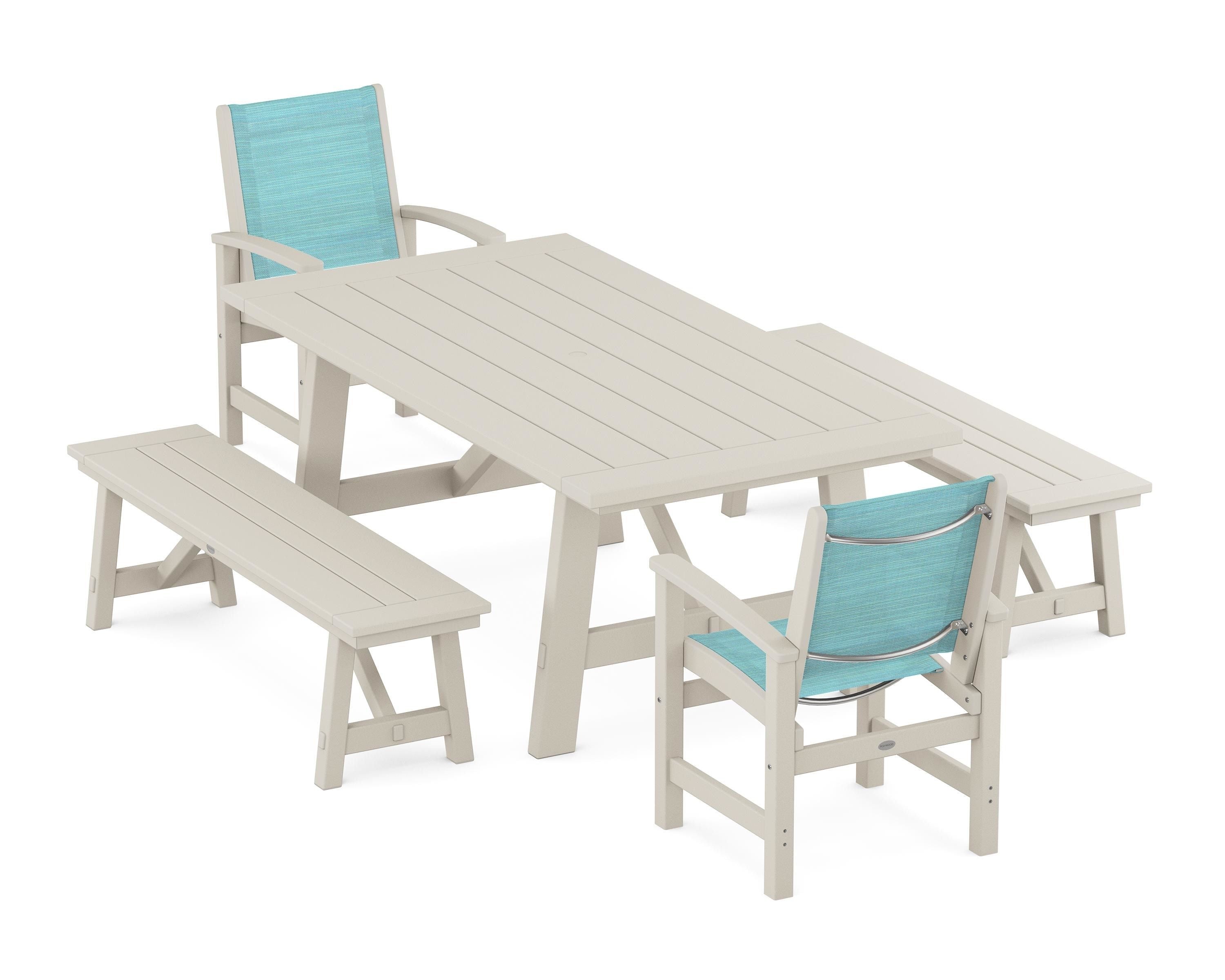 POLYWOOD Coastal 5-Piece Rustic Farmhouse Dining Set With Benches in Sand / Dupioni Aquamarine Sling