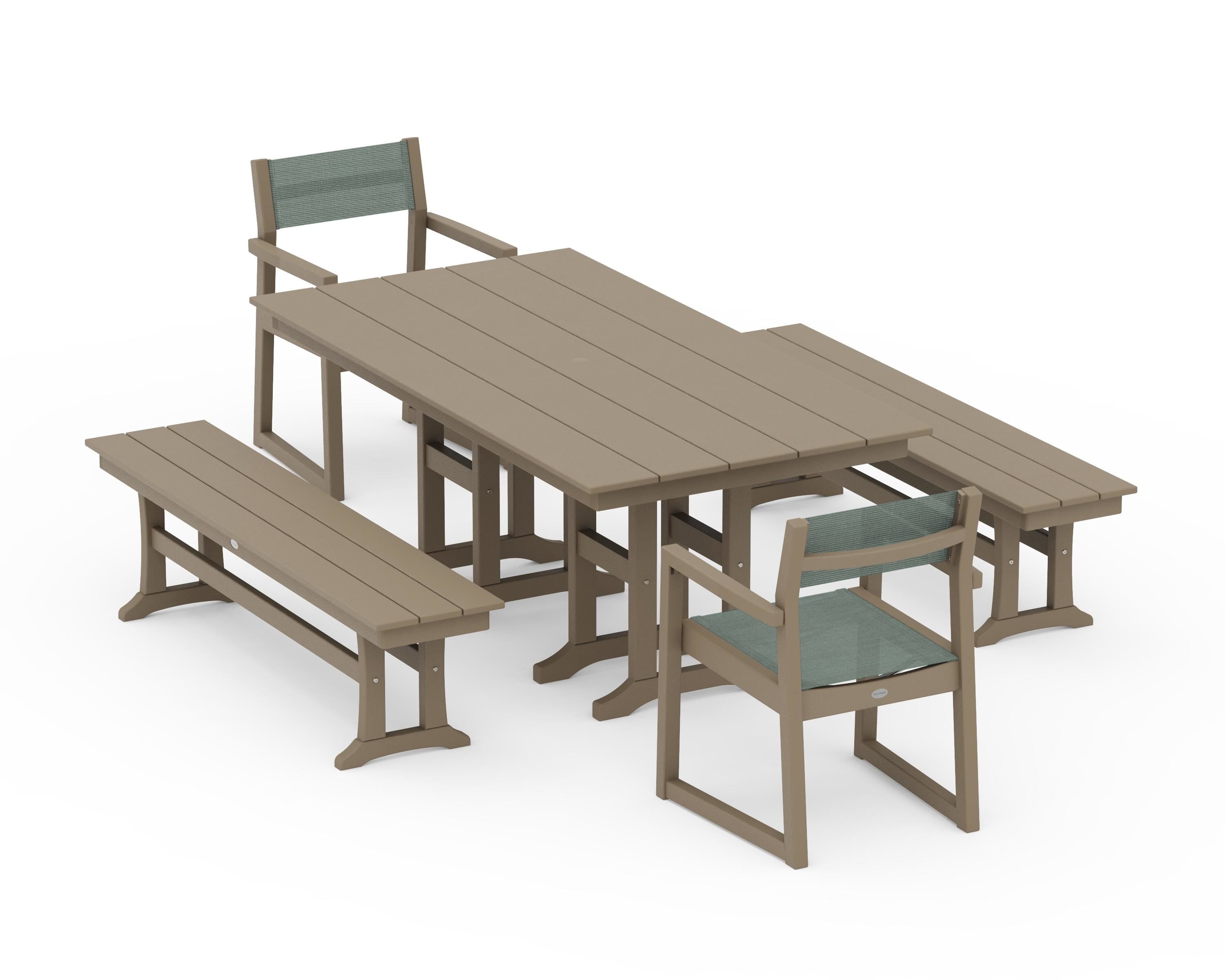 POLYWOOD EDGE Sling Arm Chair 5-Piece Farmhouse Dining Set with Benches in Vintage Sahara / Dupioni Sea Mist Sling