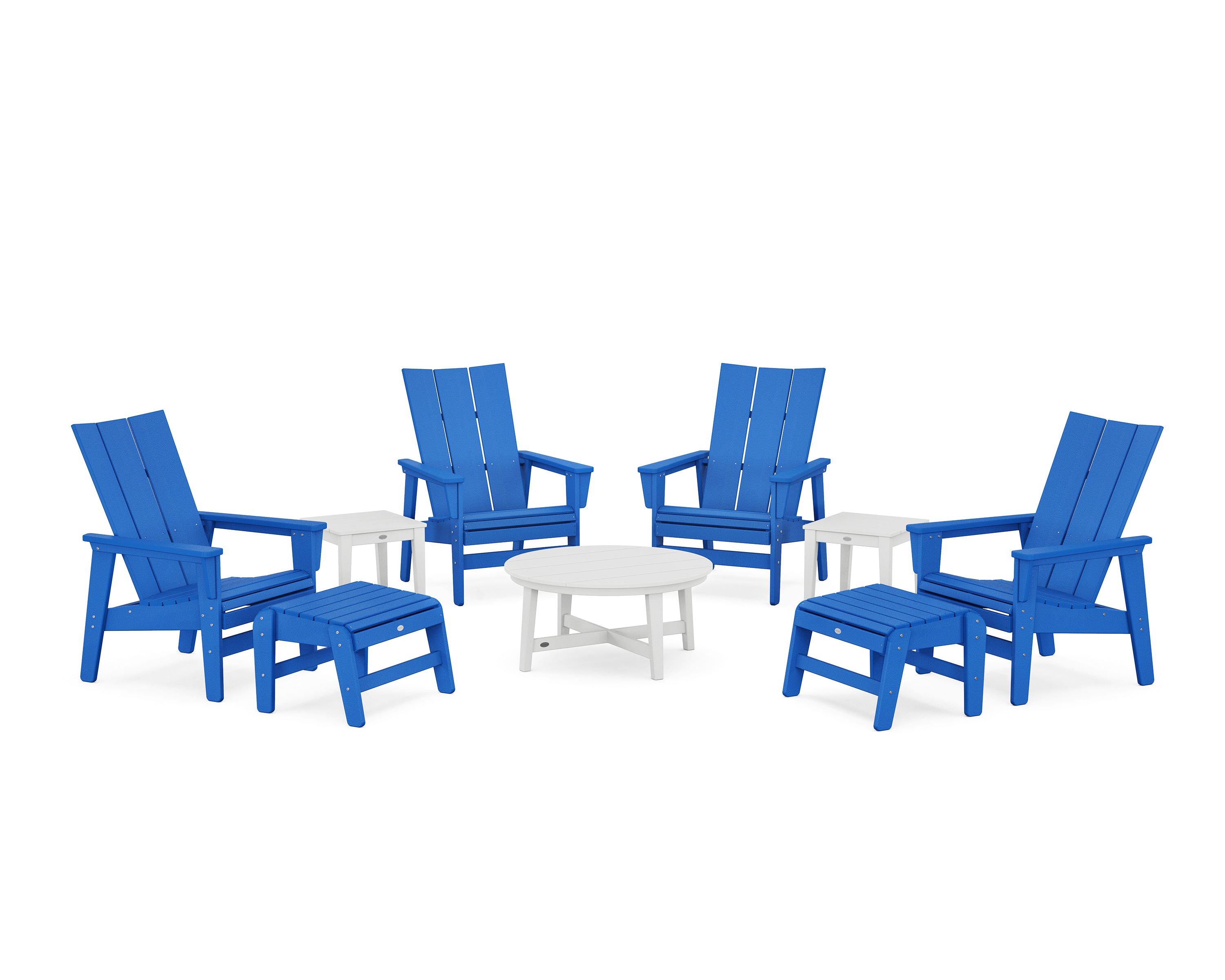 POLYWOOD® Modern Grand Upright Adirondack 9-Piece Conversation Set in Pacific Blue / White