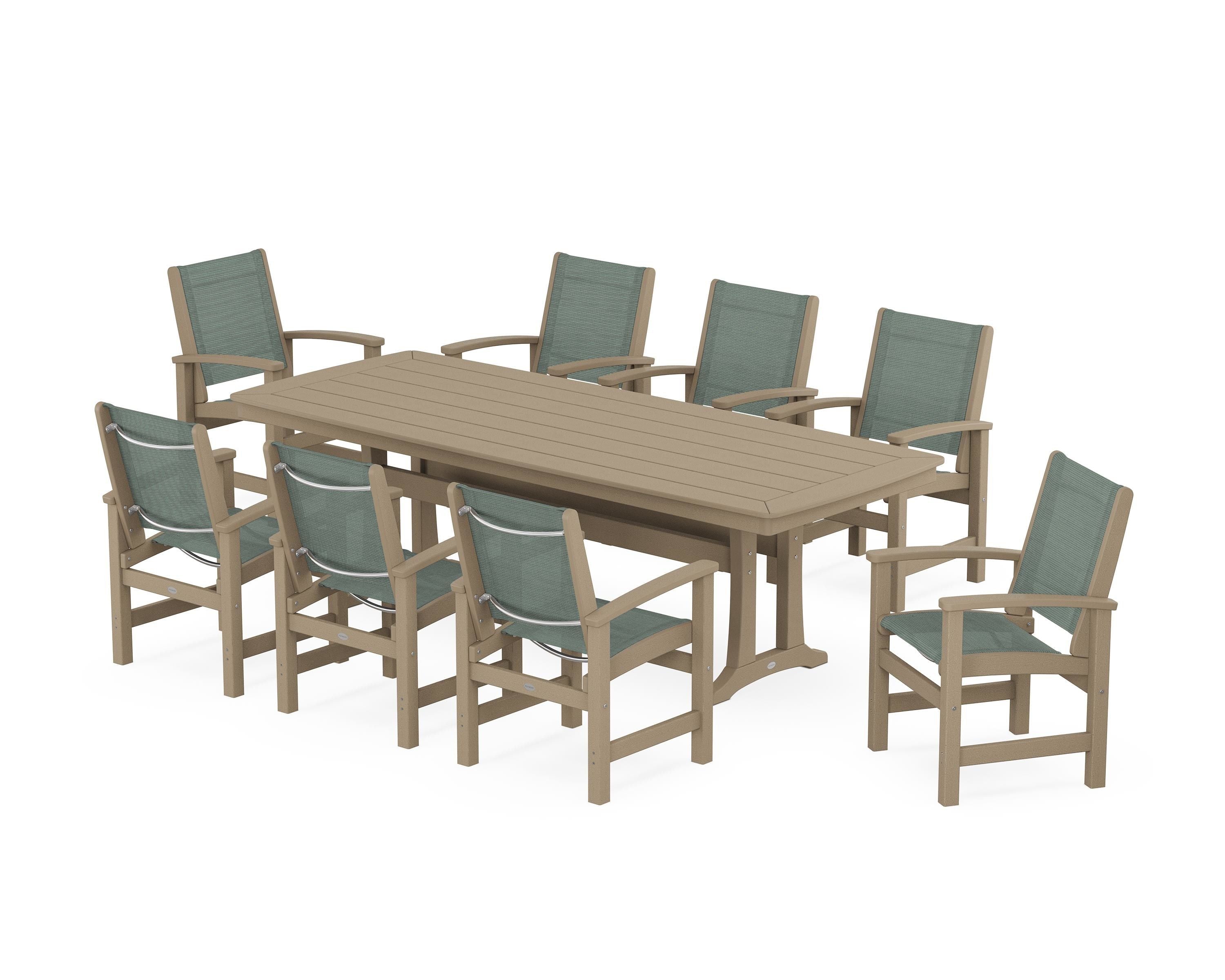 POLYWOOD Coastal 9-Piece Dining Set with Trestle Legs in Vintage Sahara / Dupioni Sea Mist Sling