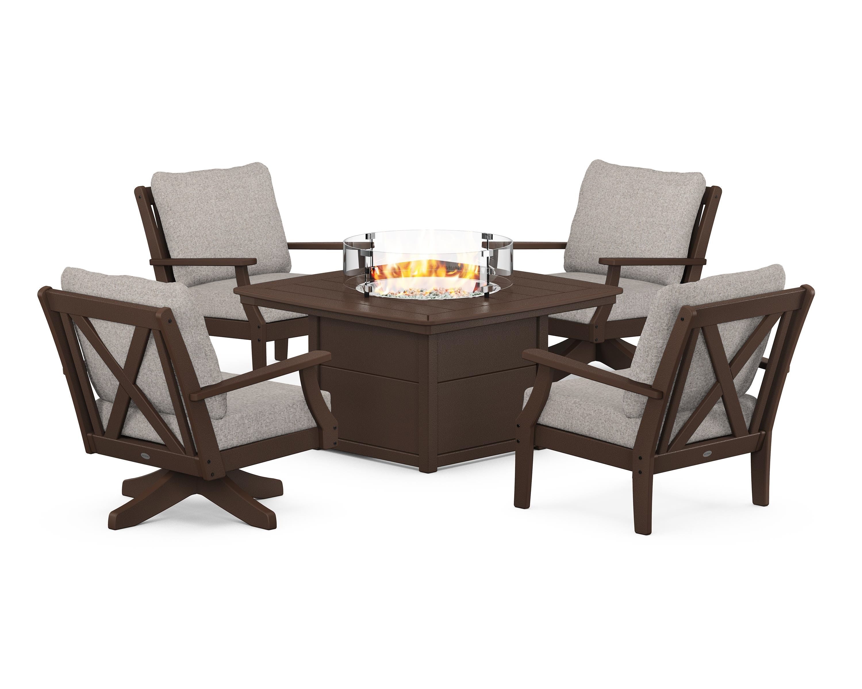 POLYWOOD Braxton 5-Piece Deep Seating Set with Fire Table in Mahogany / Weathered Tweed