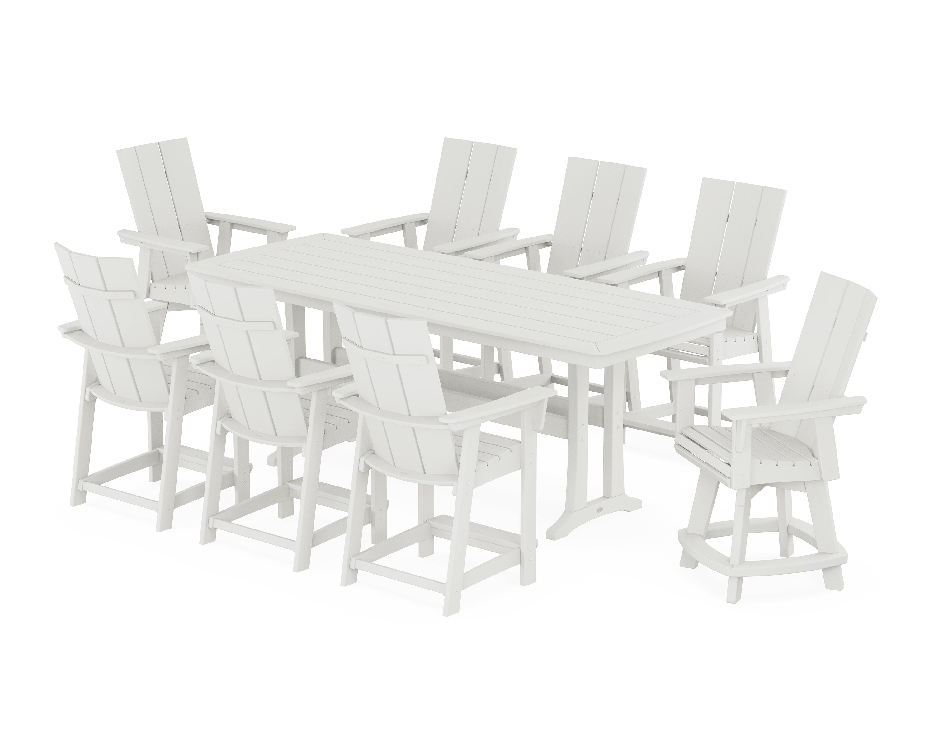 POLYWOOD® Modern Curveback Adirondack Swivel 9-Piece Counter Set with Trestle Legs in Vintage White