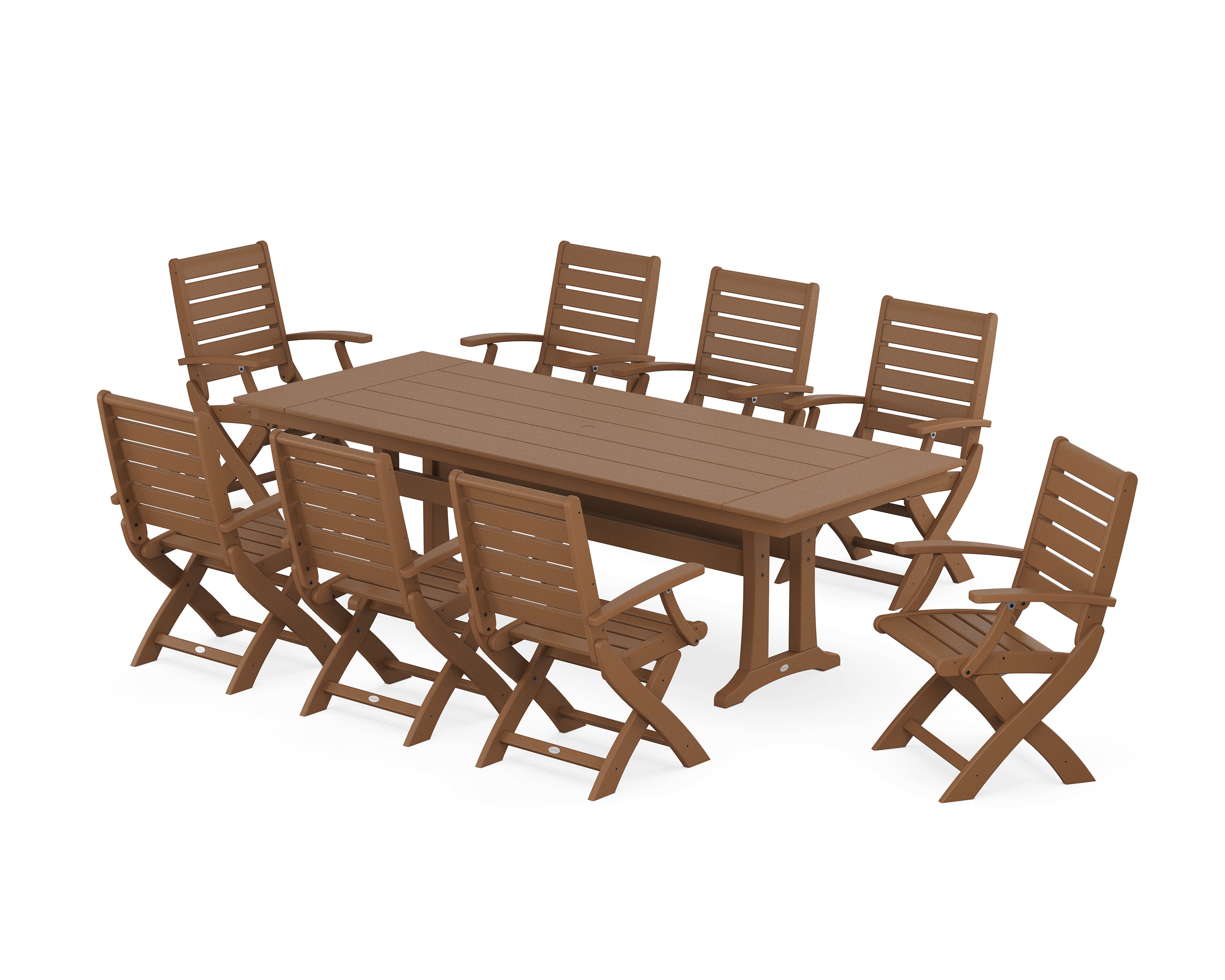 POLYWOOD Signature Folding 9-Piece Farmhouse Trestle Dining Set with Trestle Legs in Teak
