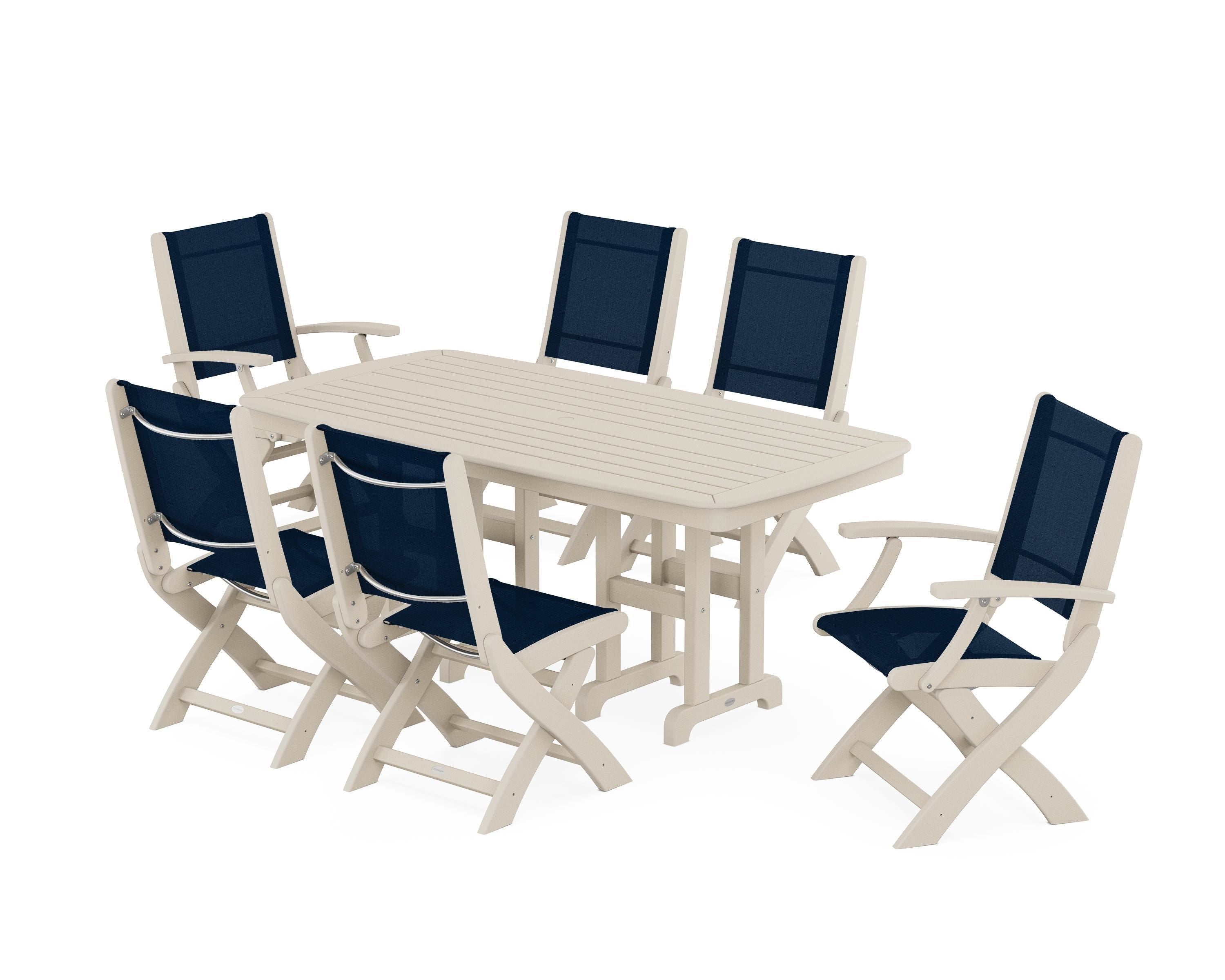 POLYWOOD Coastal Folding Chair 7-Piece Dining Set in Sand / Navy Blue Sling