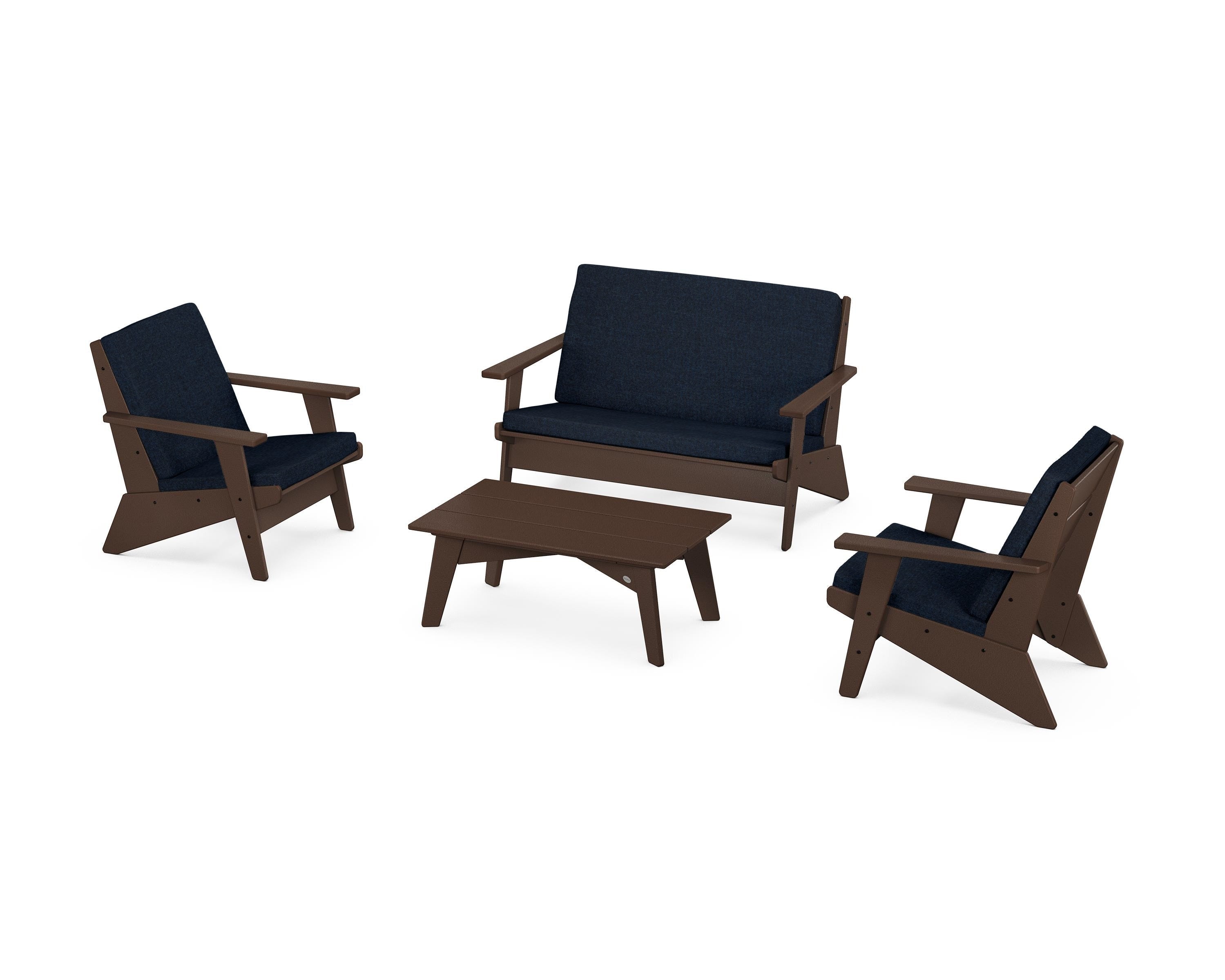 POLYWOOD Riviera Modern Lounge 4-Piece Set in Mahogany / Marine Indigo