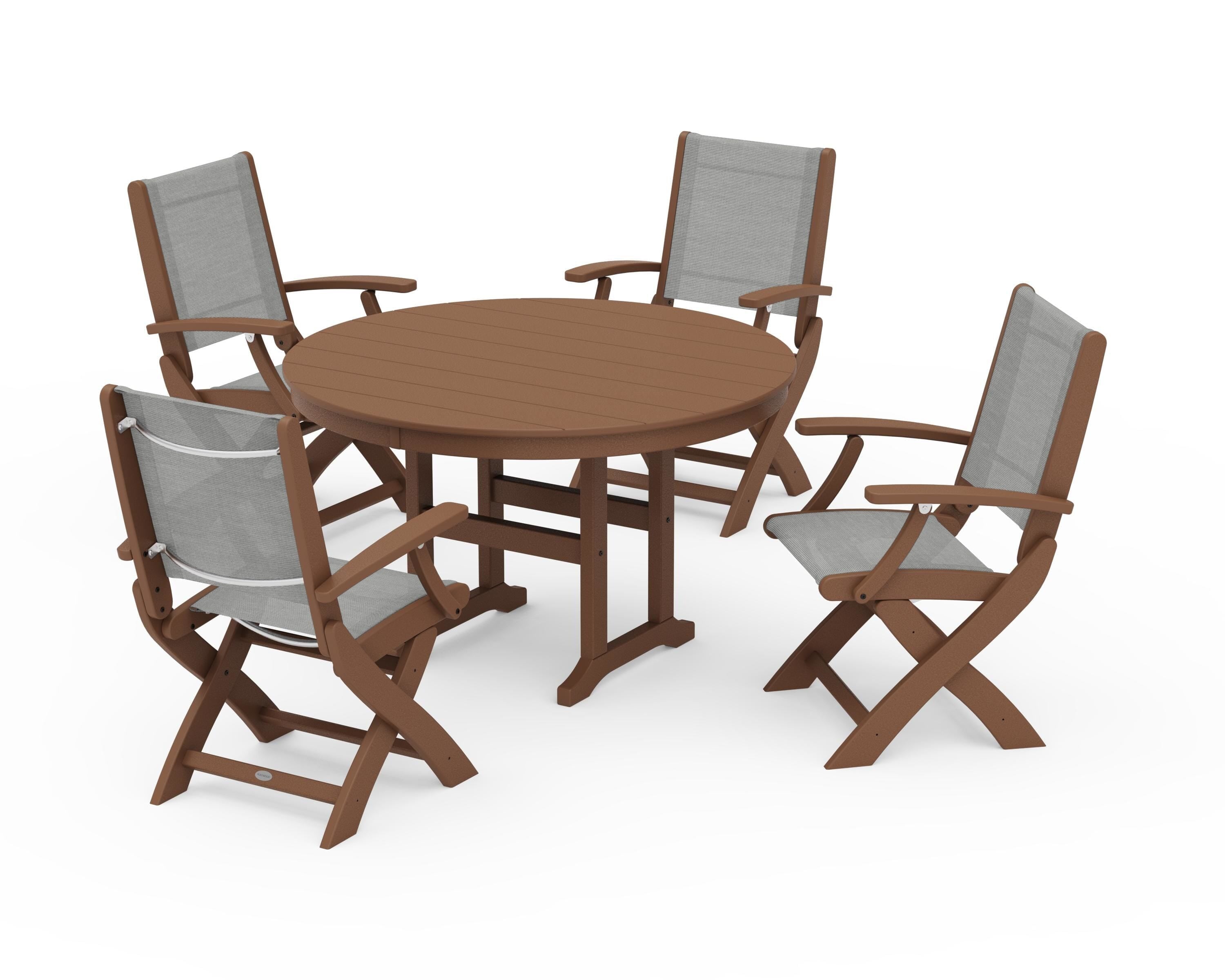 POLYWOOD Coastal Folding Chair 5-Piece Round Dining Set in Teak / Metallic Sling