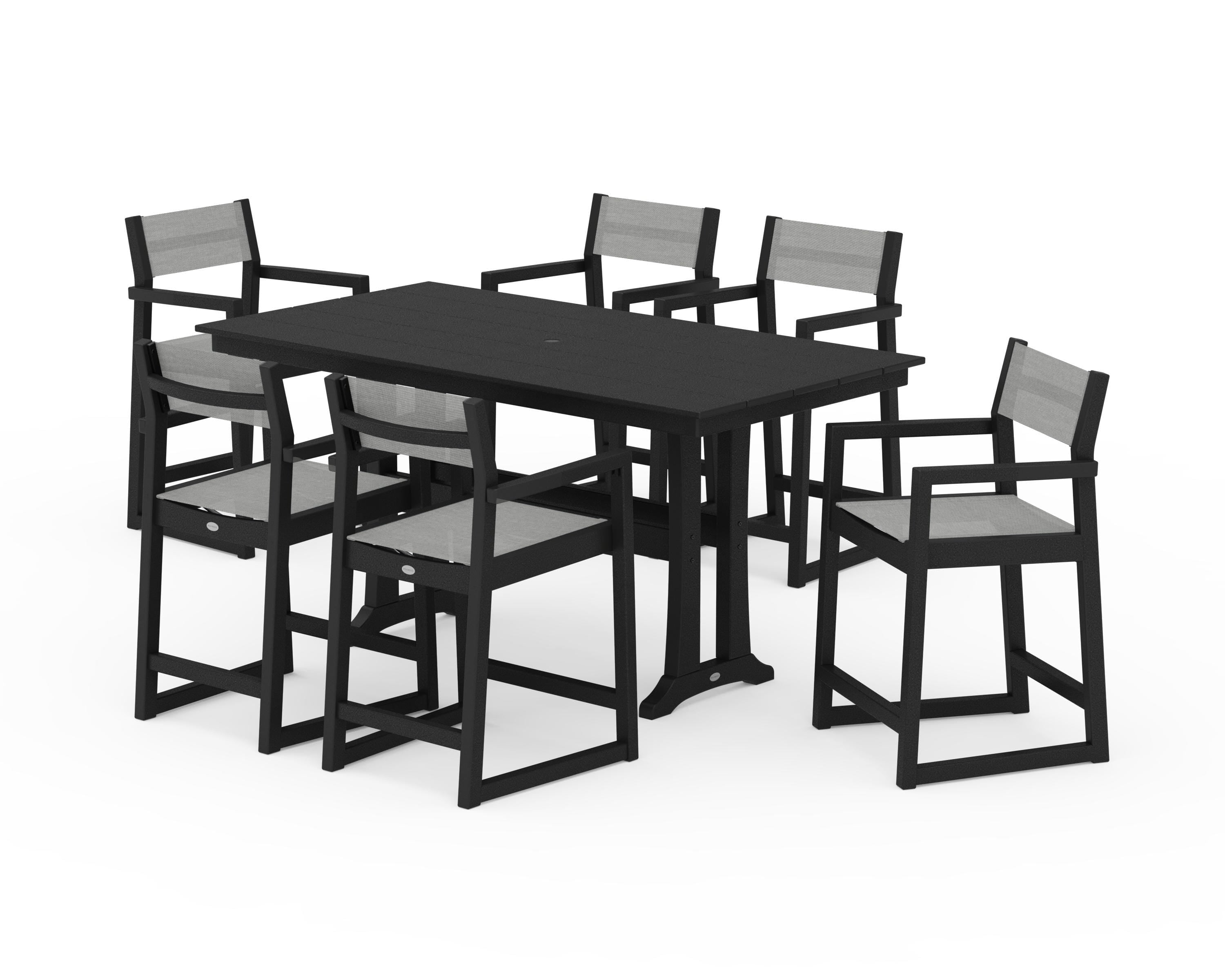 POLYWOOD EDGE Sling Arm Chair 7-Piece Farmhouse Counter Set with Trestle Legs in Black / Metallic Sling