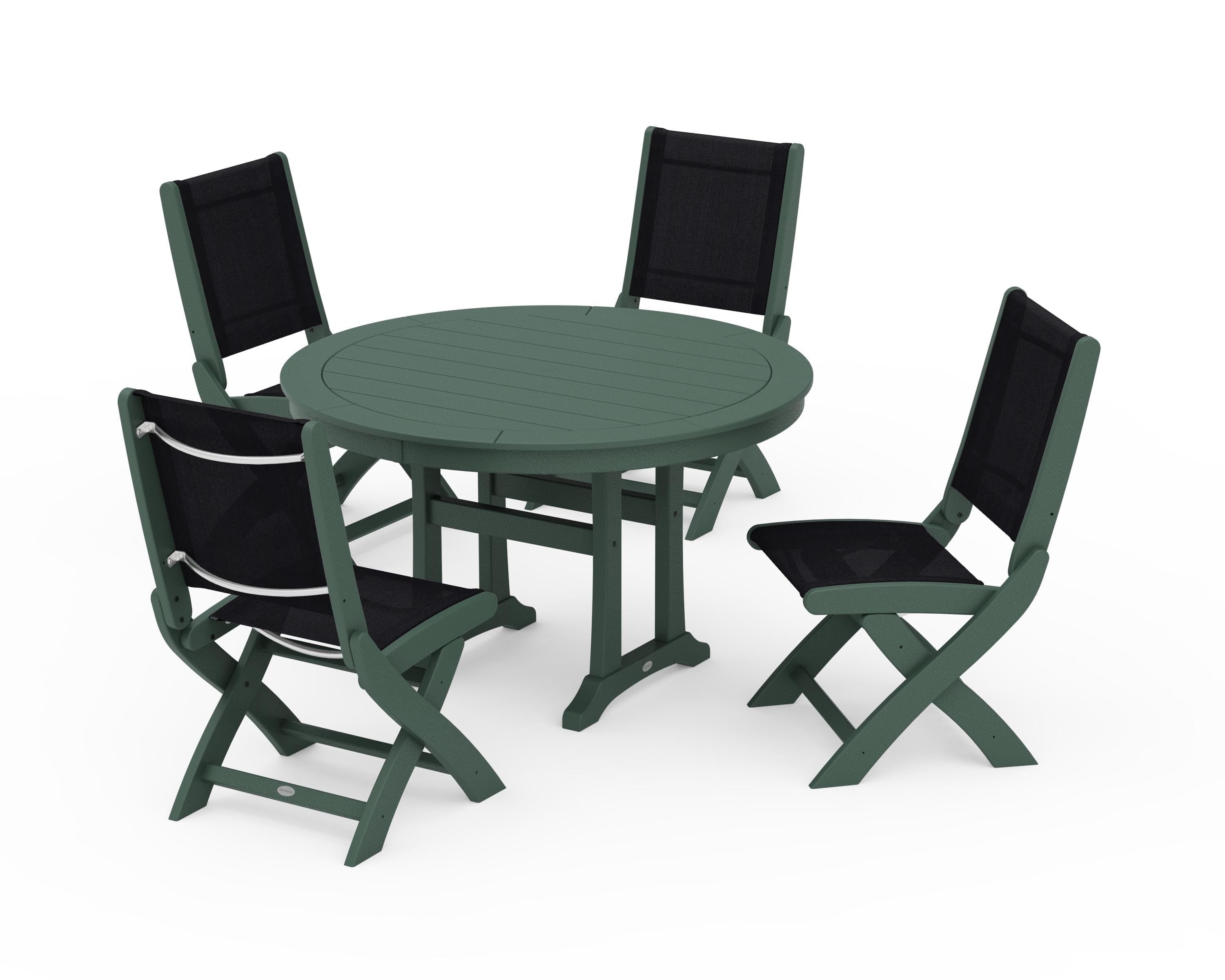 POLYWOOD Coastal Folding Side Chair 5-Piece Round Dining Set With Trestle Legs in Green / Black Sling
