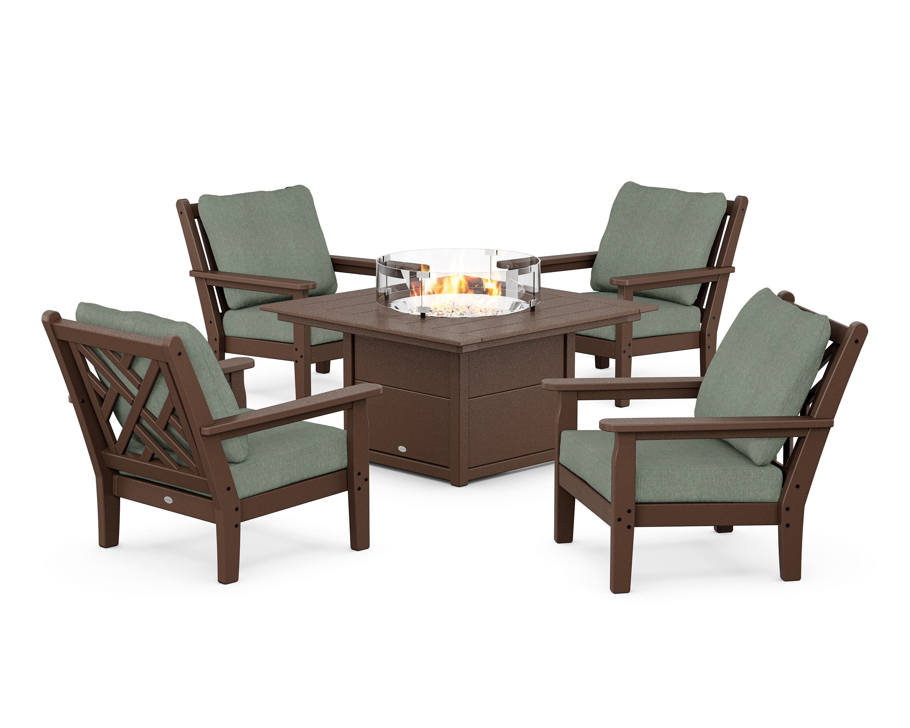 POLYWOOD Chippendale 5-Piece Deep Seating Set with Fire Pit Table in Mahogany / Cast Sage