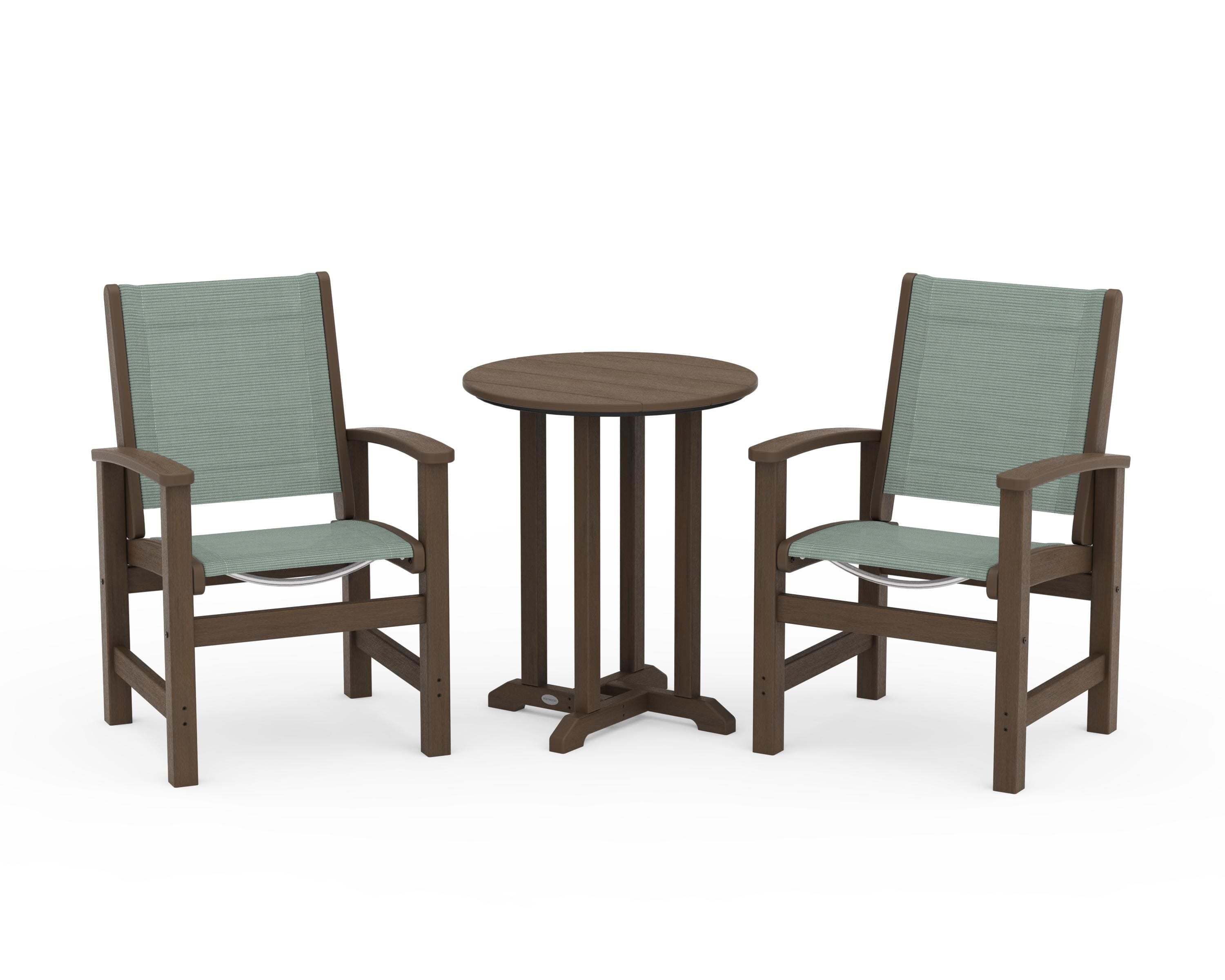 POLYWOOD Coastal 3-Piece Round Bistro Dining Set in Kona / Dupioni Sea Mist Sling