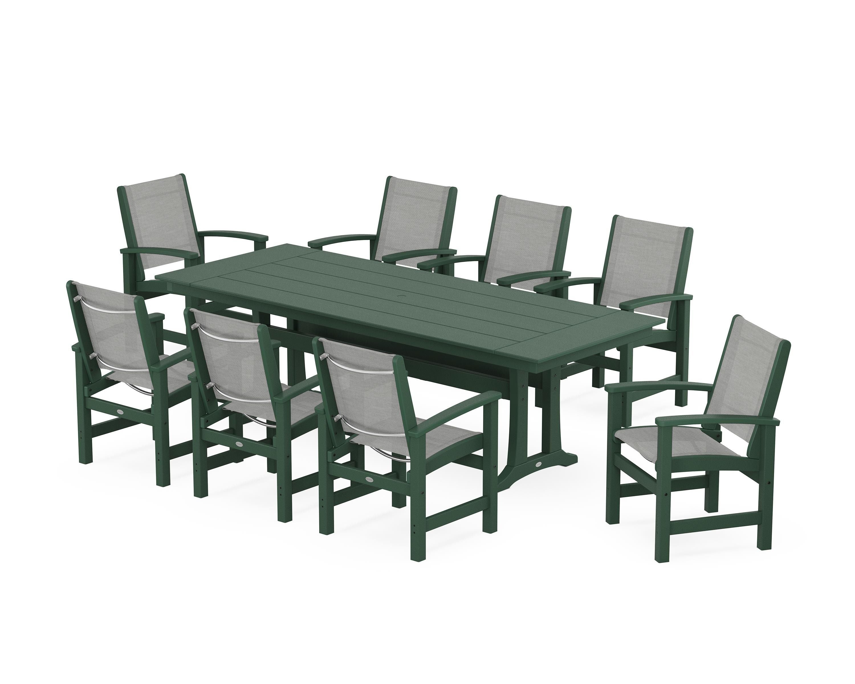 POLYWOOD Coastal 9-Piece Farmhouse Dining Set with Trestle Legs in Green / Metallic Sling