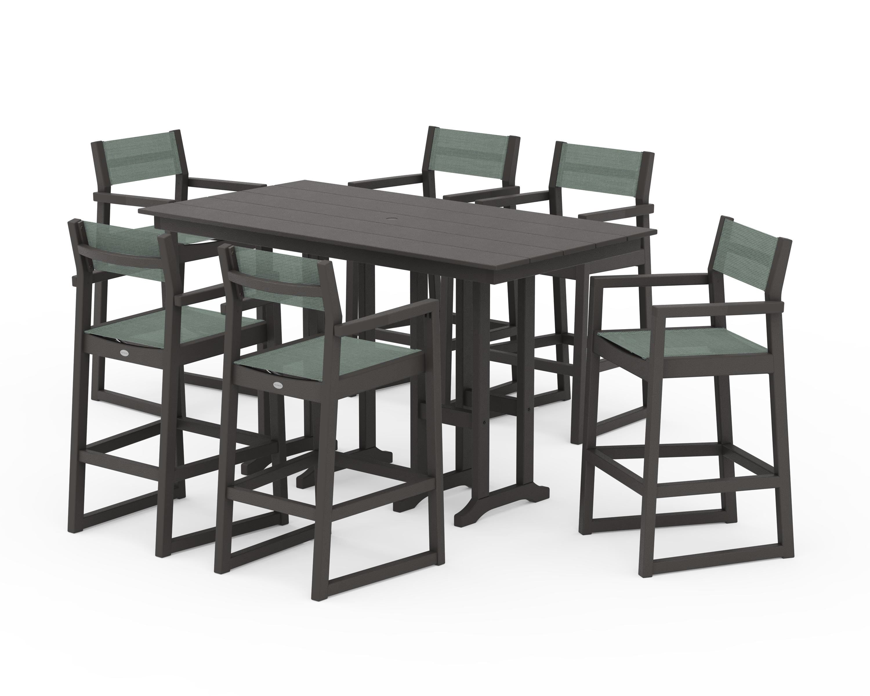 POLYWOOD EDGE Sling Arm Chair 7-Piece Farmhouse Bar Set in Vintage Coffee / Dupioni Sea Mist Sling