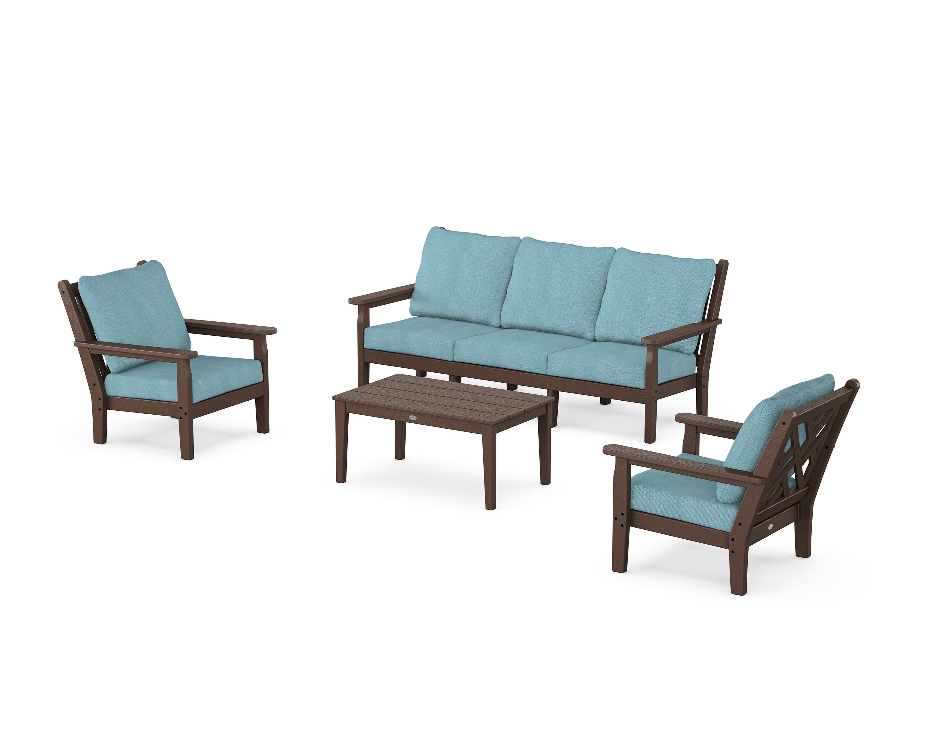 POLYWOOD Chippendale 4-Piece Deep Seating Set with Sofa in Mahogany / Lattice Sky Blue
