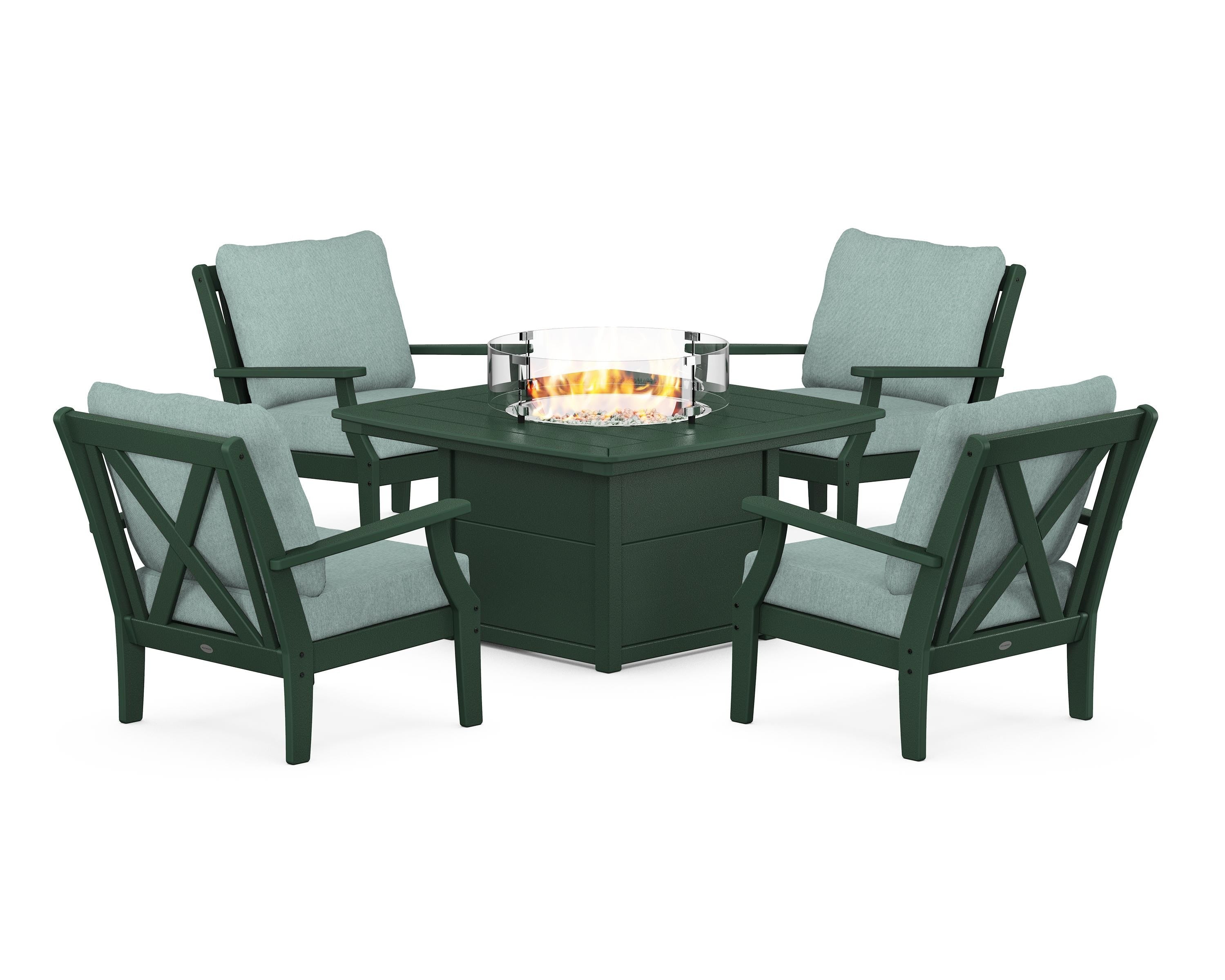 POLYWOOD Braxton 5-Piece Deep Seating Conversation Set with Fire Pit Table in Green / Glacier Spa