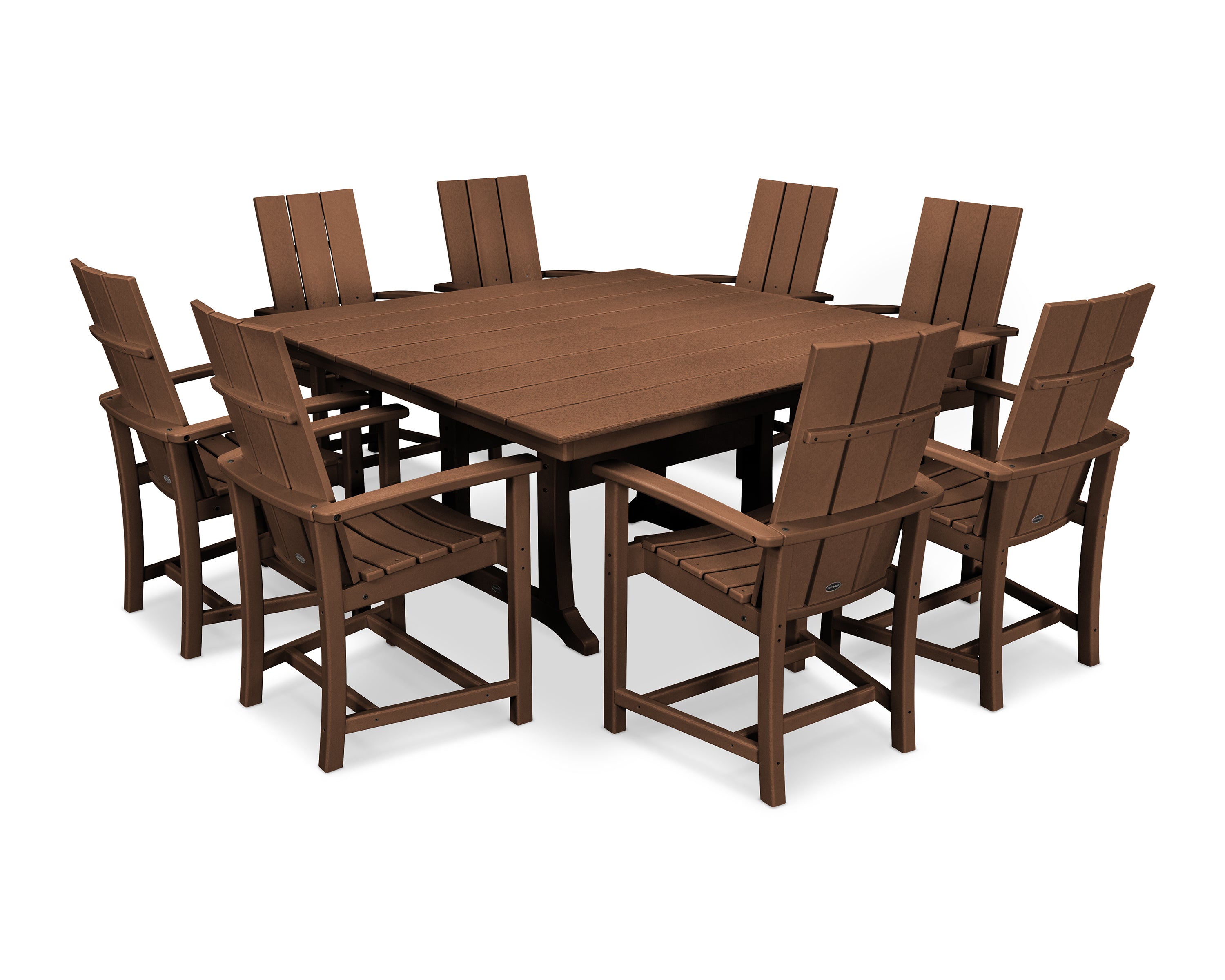 POLYWOOD® Modern Adirondack 9-Piece Farmhouse Trestle Dining Set in Teak