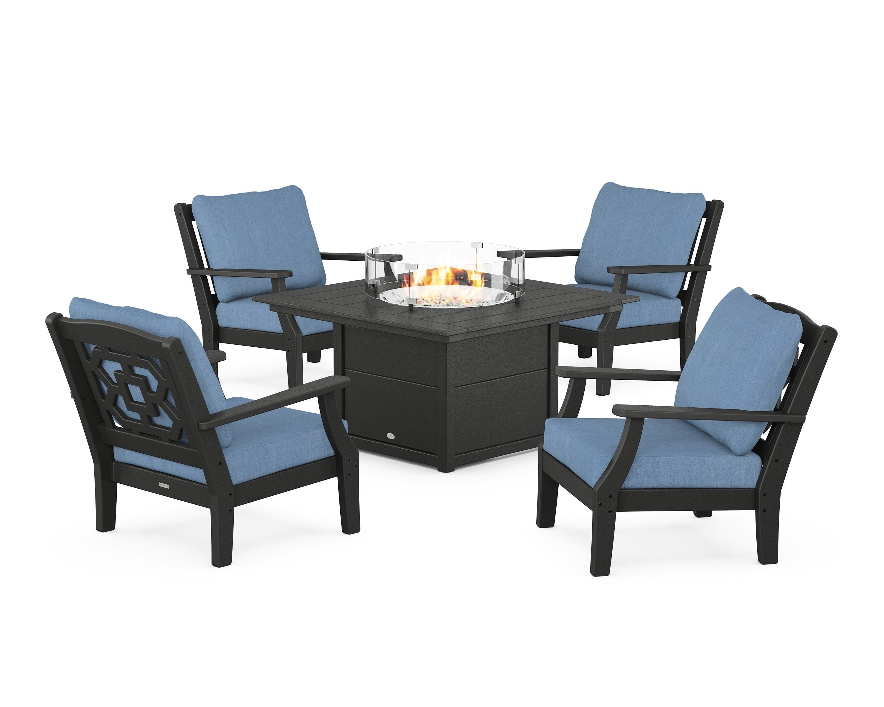 Martha Stewart by POLYWOOD Chinoiserie 5-Piece Deep Seating Set with Fire Pit Table in Black / Sky Blue