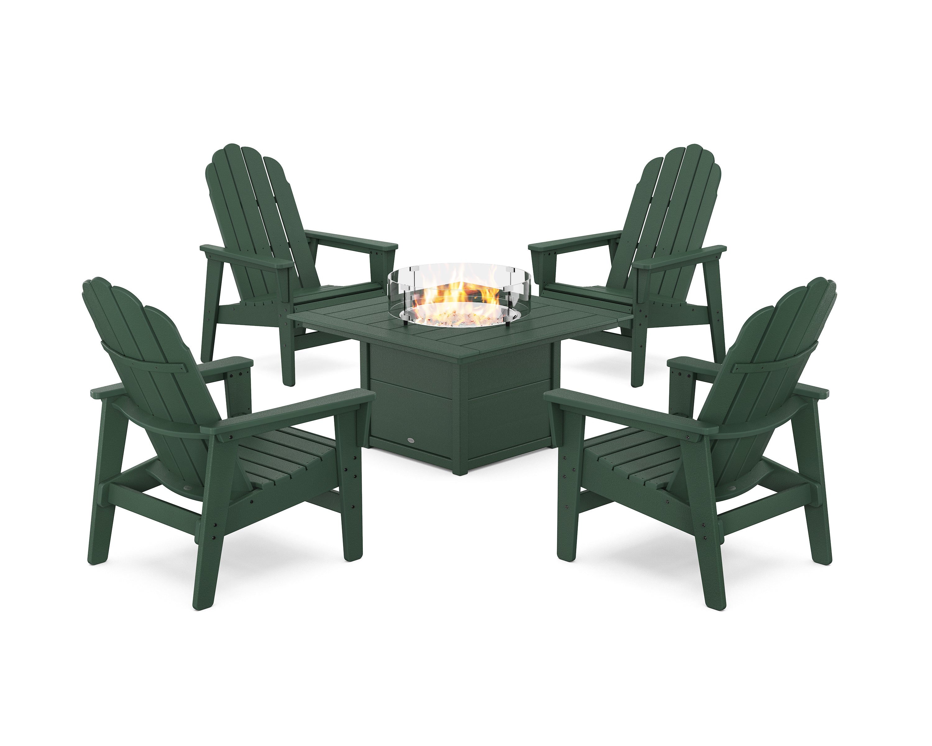 POLYWOOD 5-Piece Vineyard Grand Upright Adirondack Conversation Set with Fire Pit Table in Green