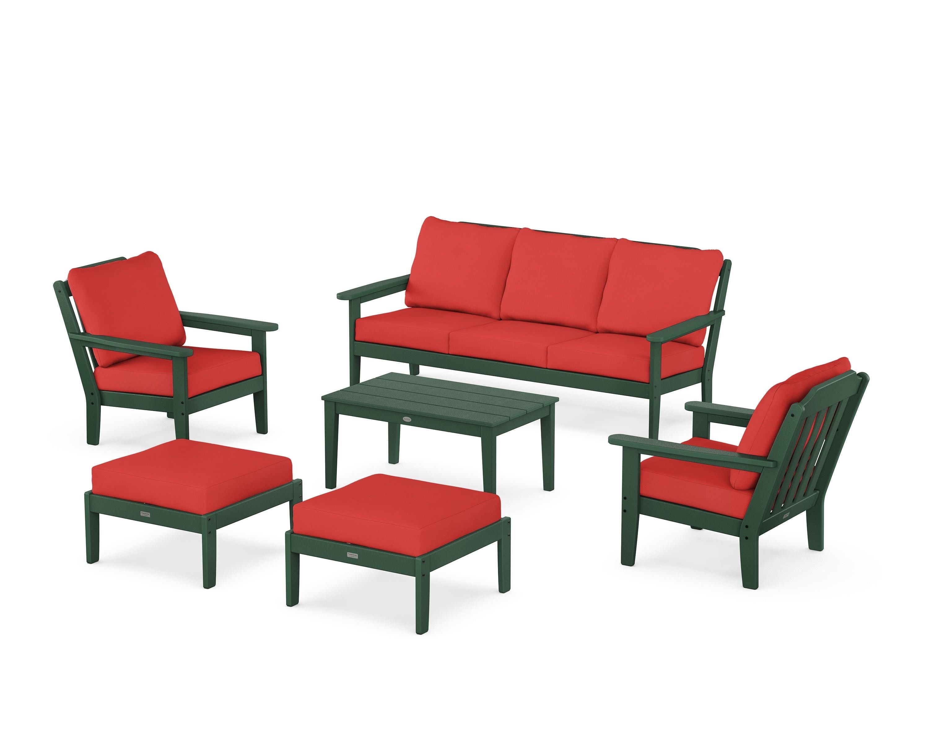 Country Living Cottage 6-Piece Lounge Sofa Set in Green / Crimson Linen