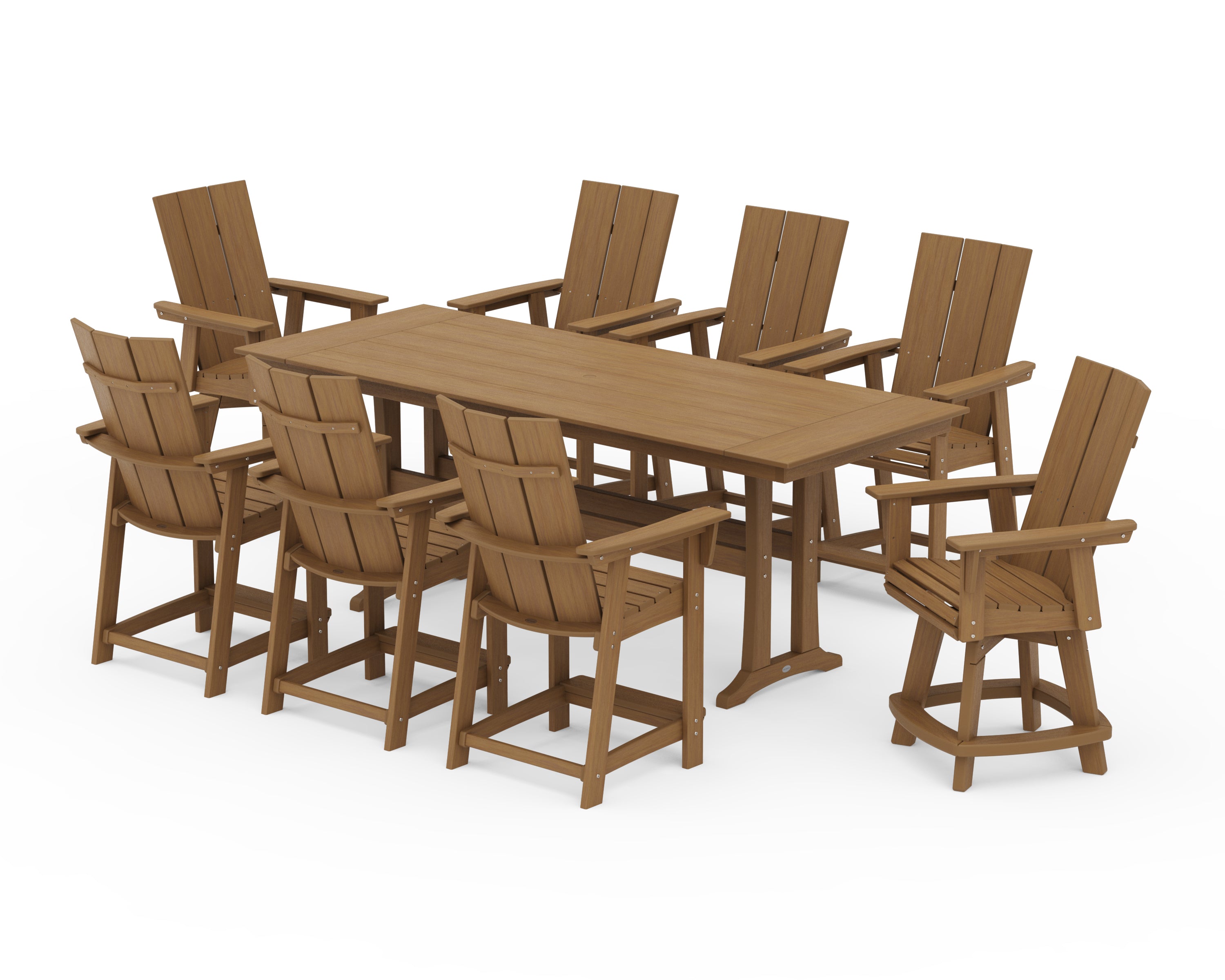 POLYWOOD Modern Curveback Adirondack Swivel 9-Piece Farmhouse Counter Set with Trestle Legs in Natural