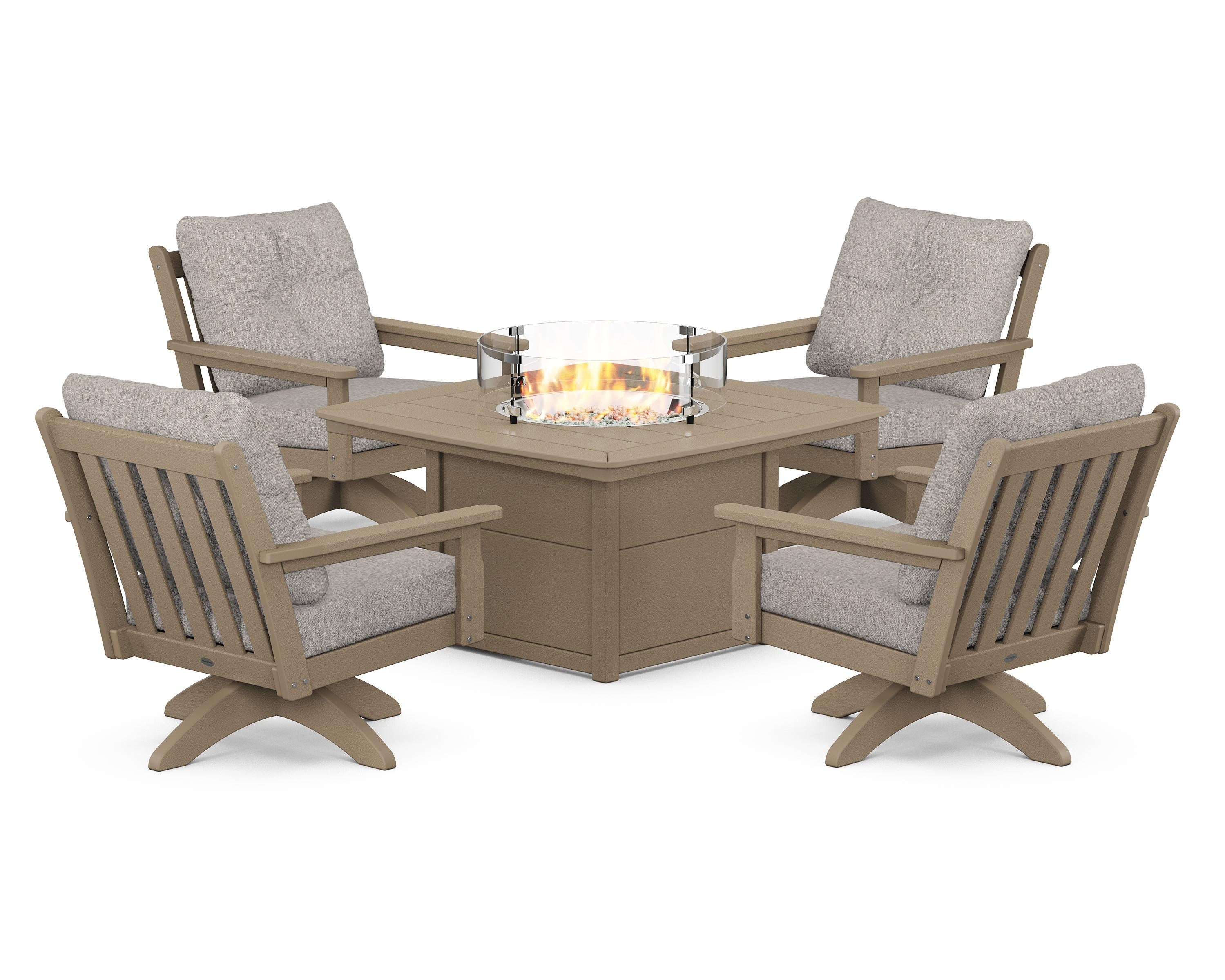 POLYWOOD Vineyard 5-Piece Deep Seating Swivel Conversation Set with Fire Pit Table in Vintage Sahara / Weathered Tweed