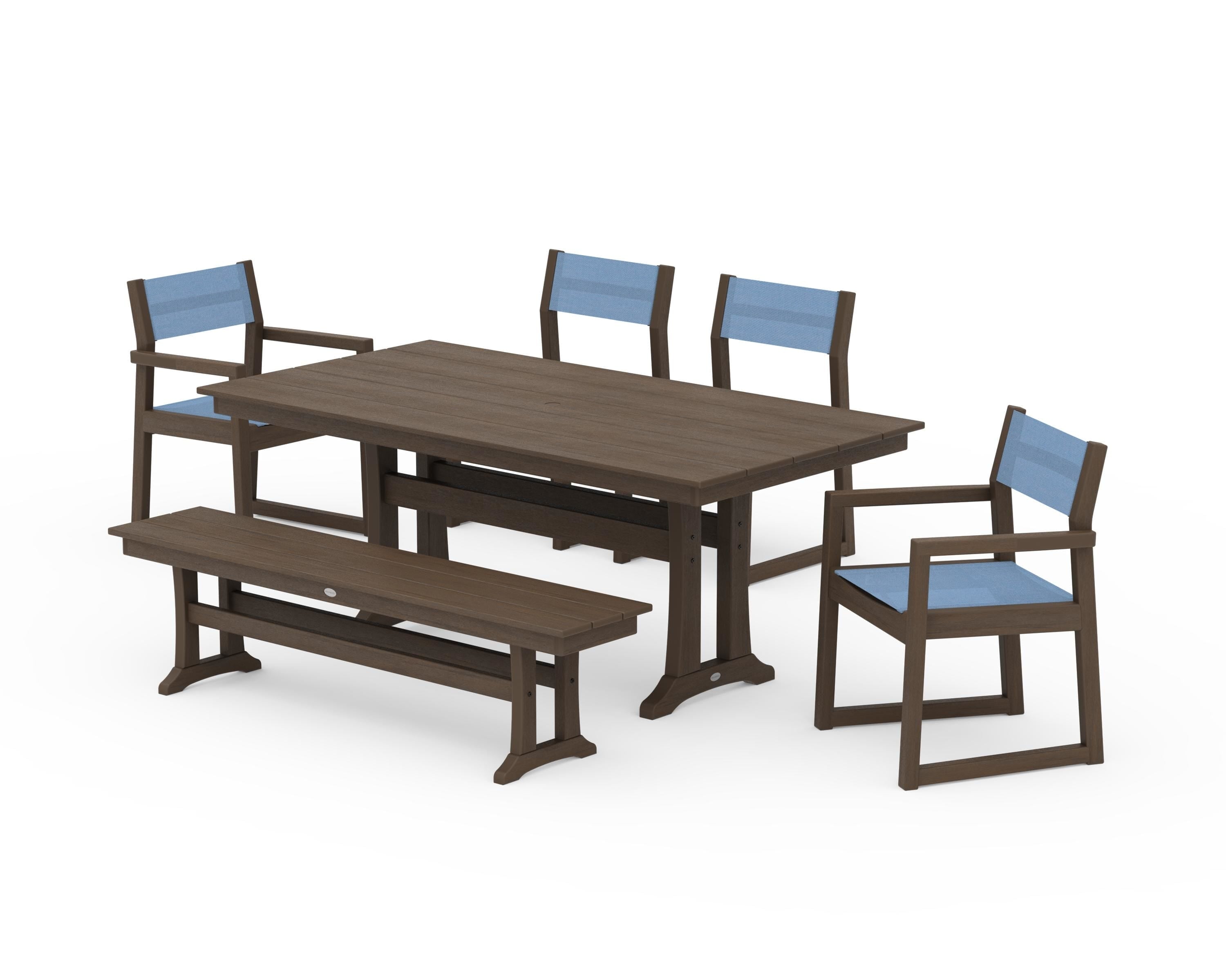 POLYWOOD EDGE Sling 6-Piece Farmhouse Dining Set With Trestle Legs in Kona / Poolside Sling