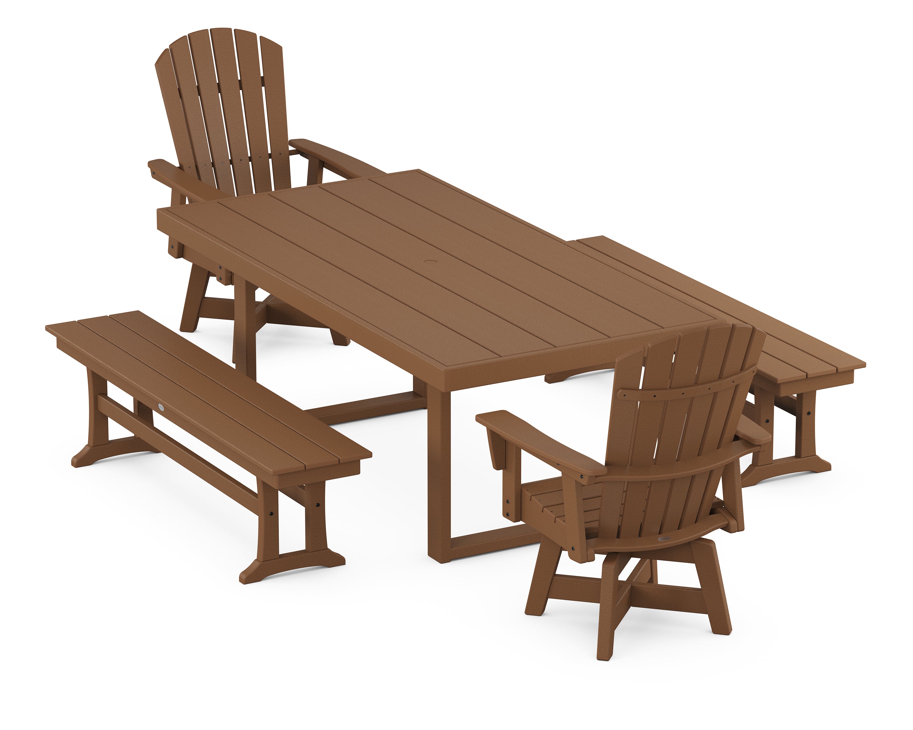 POLYWOOD® Nautical Curveback Adirondack Swivel Chair 5-Piece Dining Set with Benches in Teak