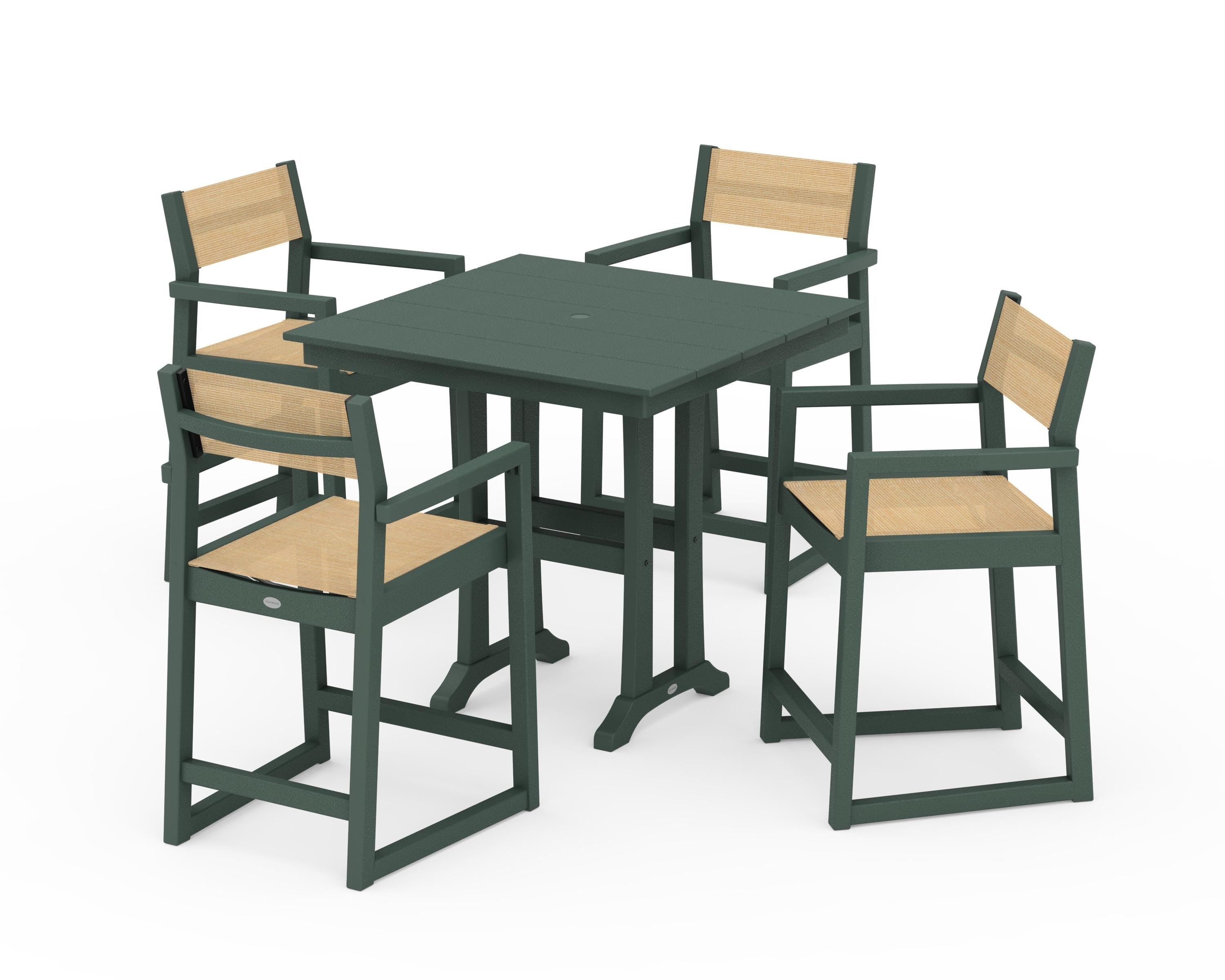 POLYWOOD EDGE Sling Arm Chair 5-Piece Farmhouse Counter Set with Trestle Legs in Green / Dupioni Apricot Sling