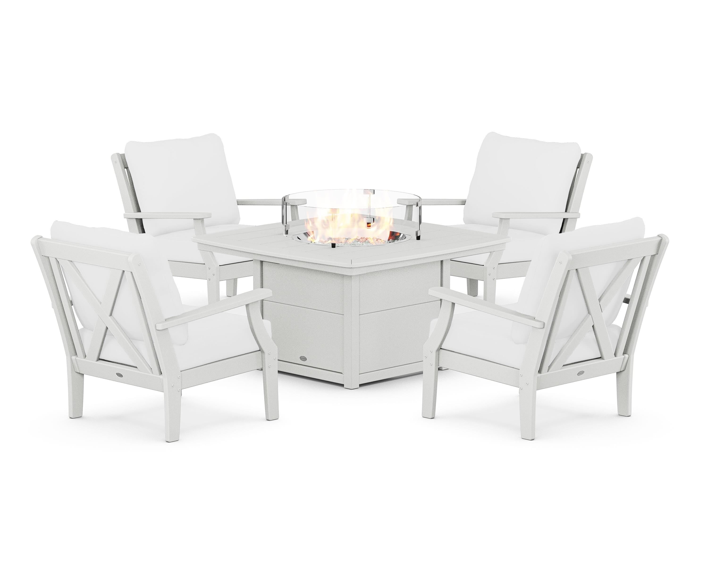 POLYWOOD Braxton 5-Piece Deep Seating Conversation Set with Fire Pit Table in White / Natural