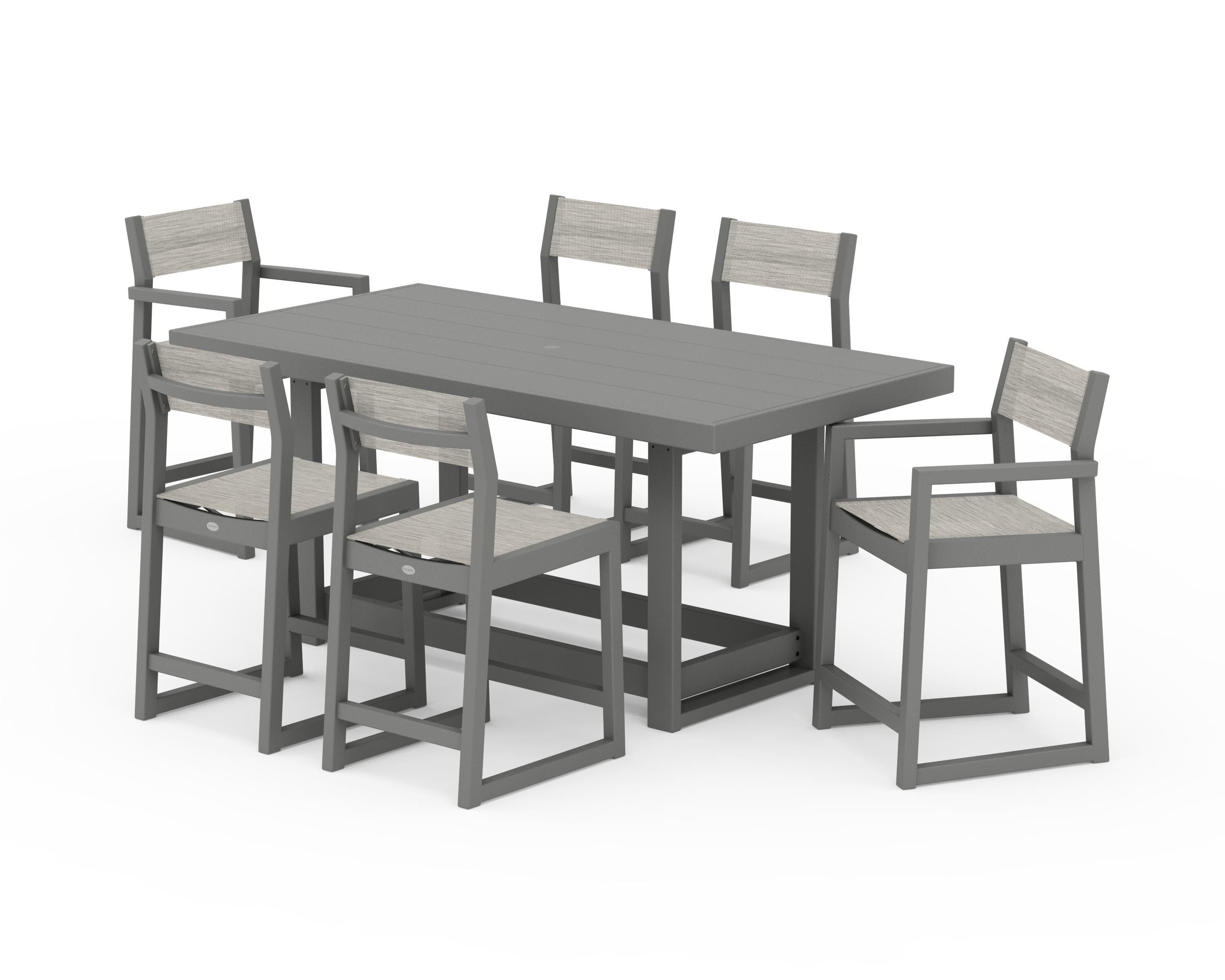 POLYWOOD EDGE Sling 7-Piece Counter Table Set in Slate Grey / Birch Sling