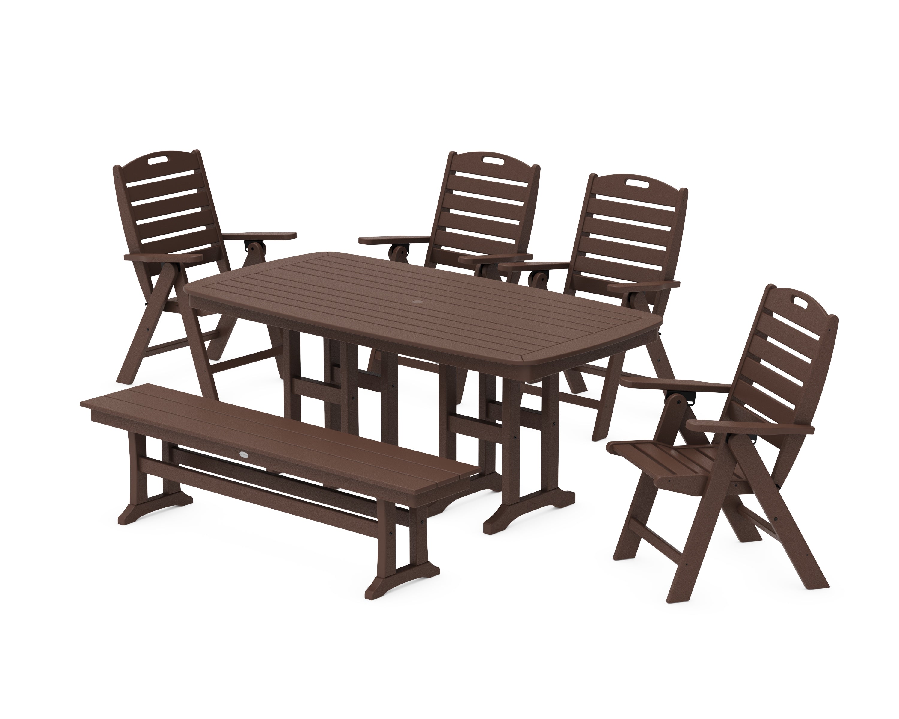 POLYWOOD Nautical Highback 6-Piece Dining Set with Bench in Mahogany