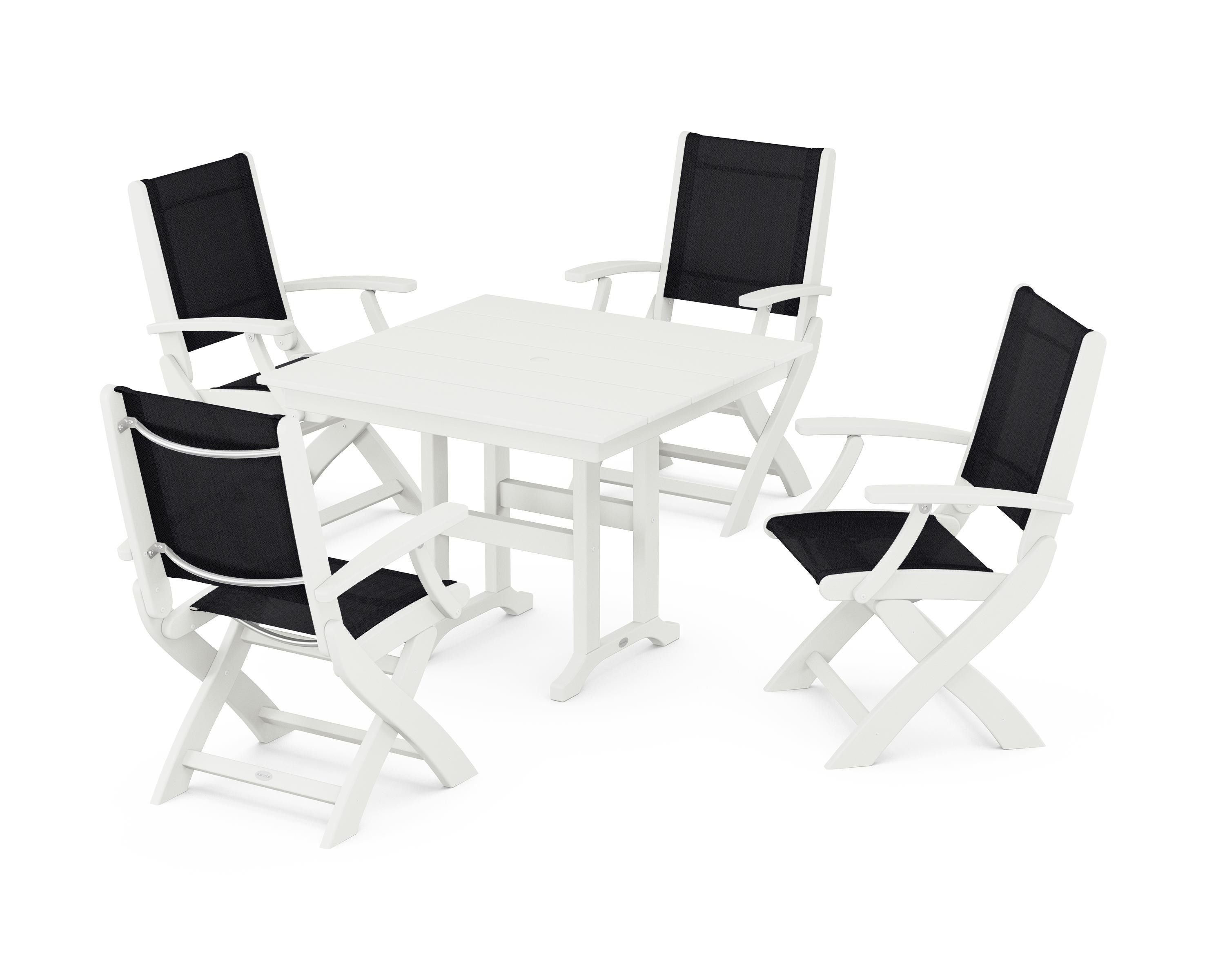 POLYWOOD Coastal Folding Chair 5-Piece Farmhouse Dining Set in Vintage White / Black Sling