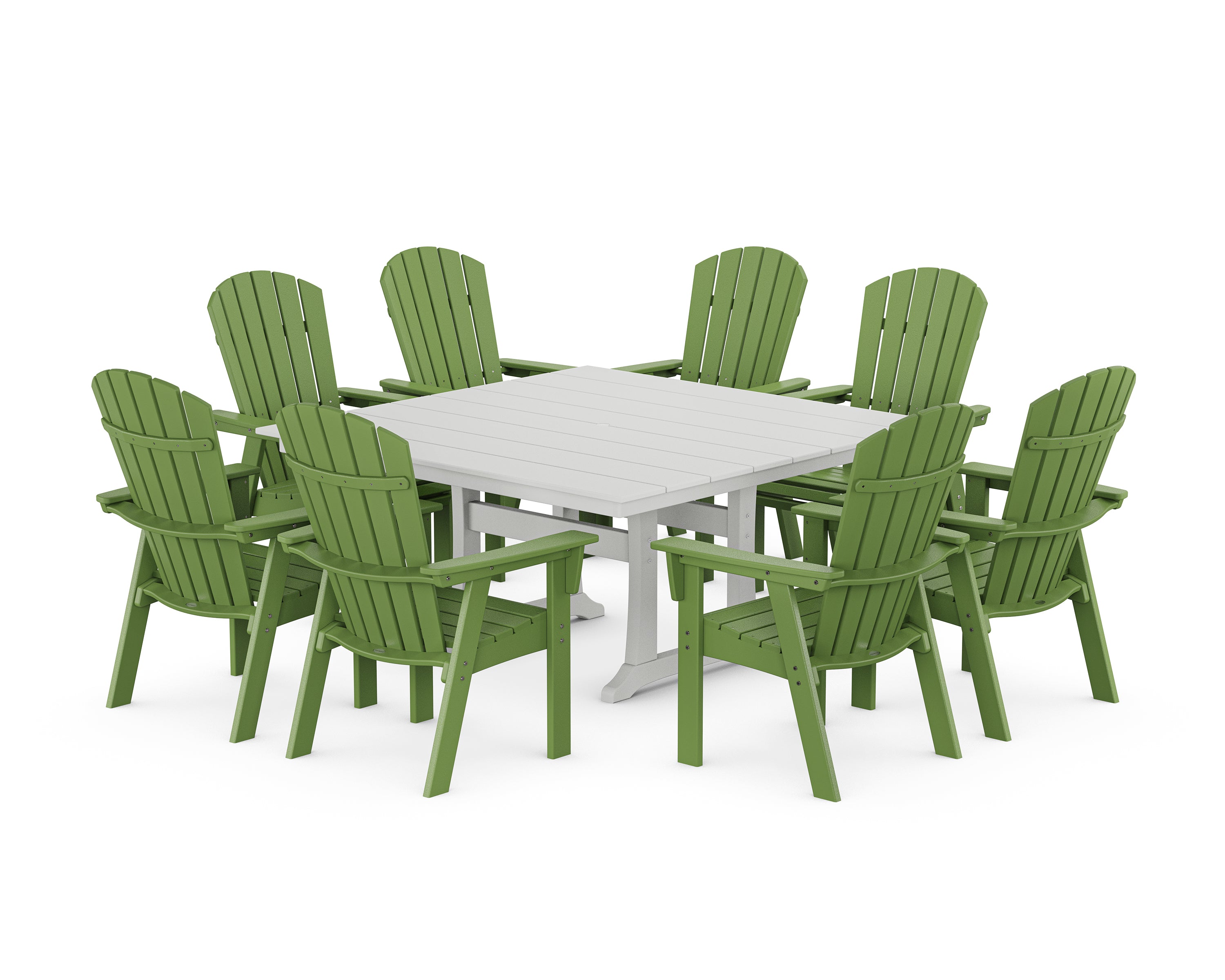POLYWOOD Nautical Curveback Adirondack 9-Piece Square Dining Set with Trestle Legs in Lime / White