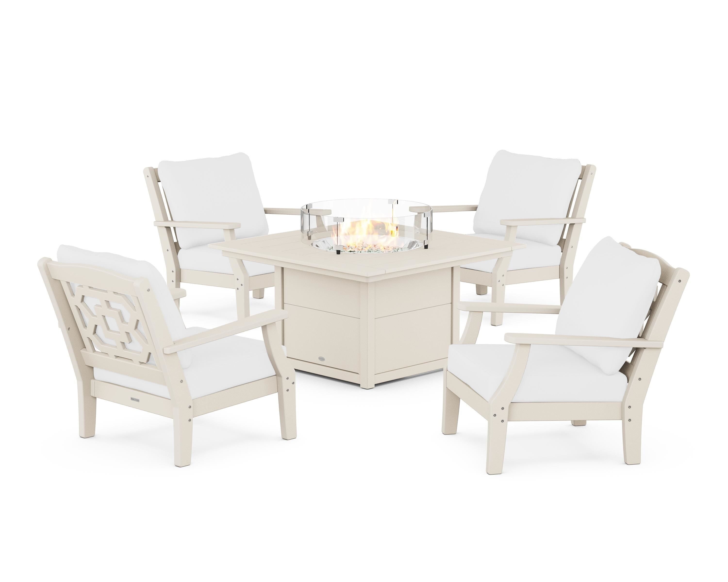 Martha Stewart by POLYWOOD Chinoiserie 5-Piece Deep Seating Set with Fire Pit Table in Sand / Natural
