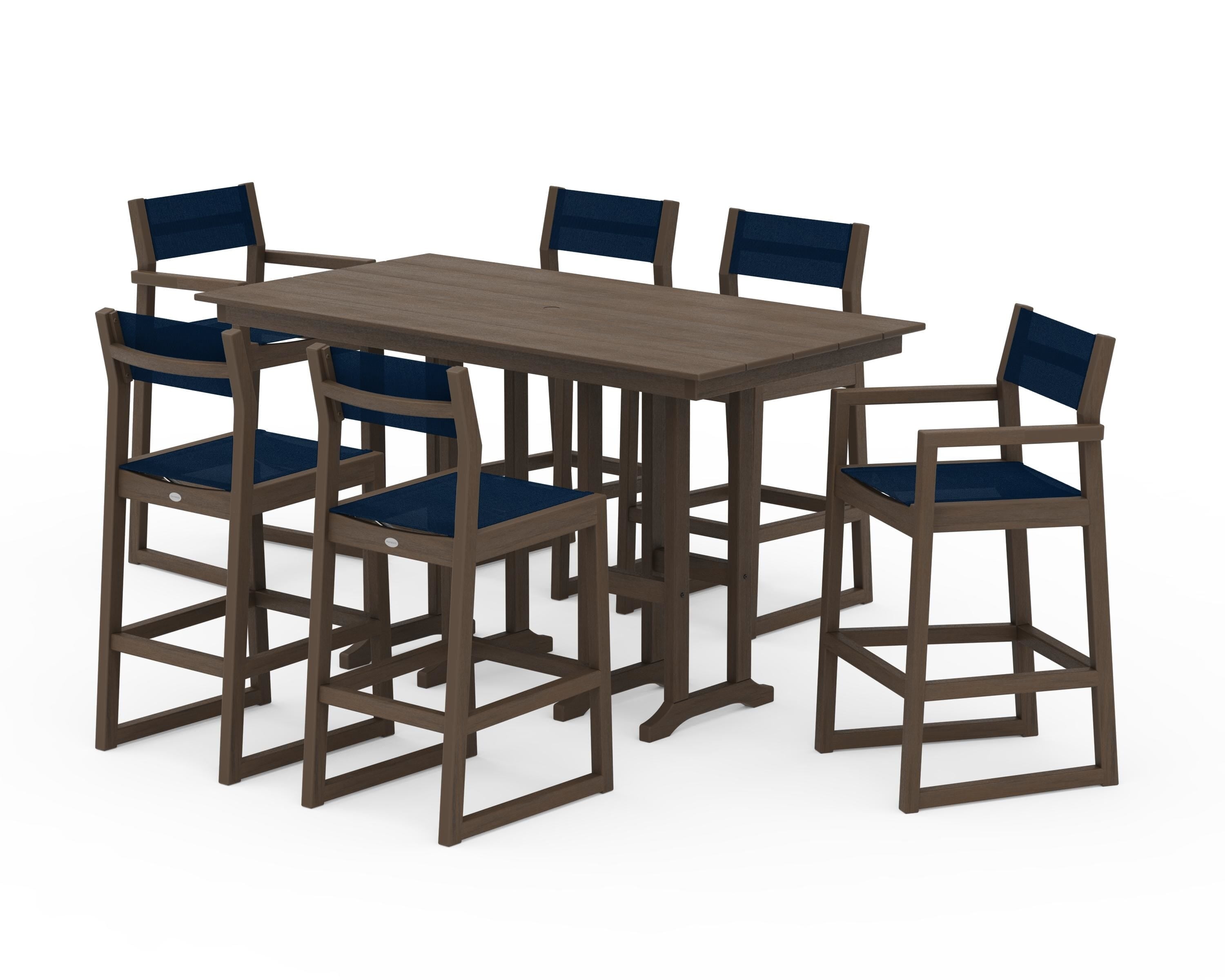 POLYWOOD EDGE Sling 7-Piece Farmhouse Bar Set in Kona / Navy Blue Sling