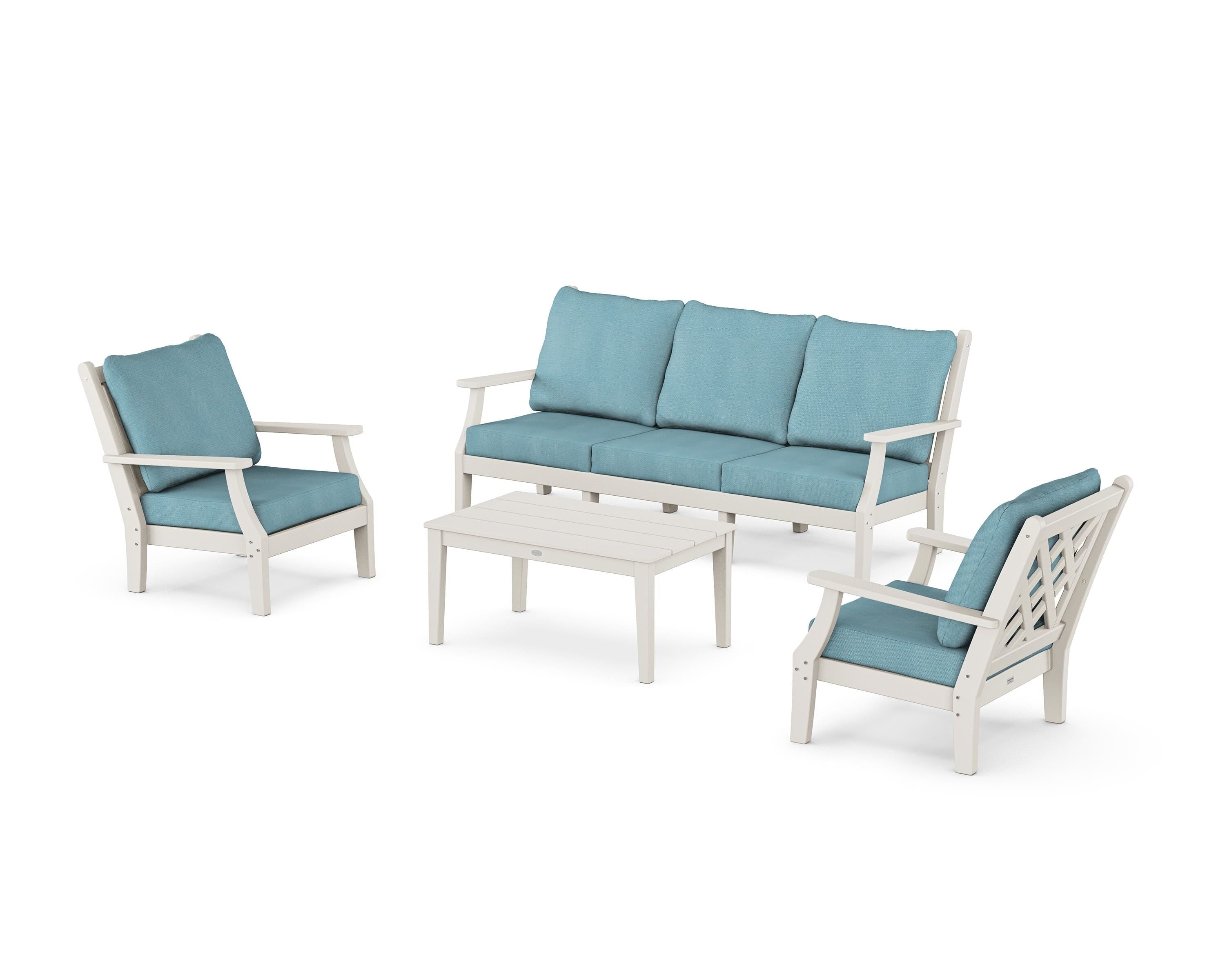 Country Living Wovendale 4-Piece Deep Seating Set with Sofa in Sand / Lattice Sky Blue