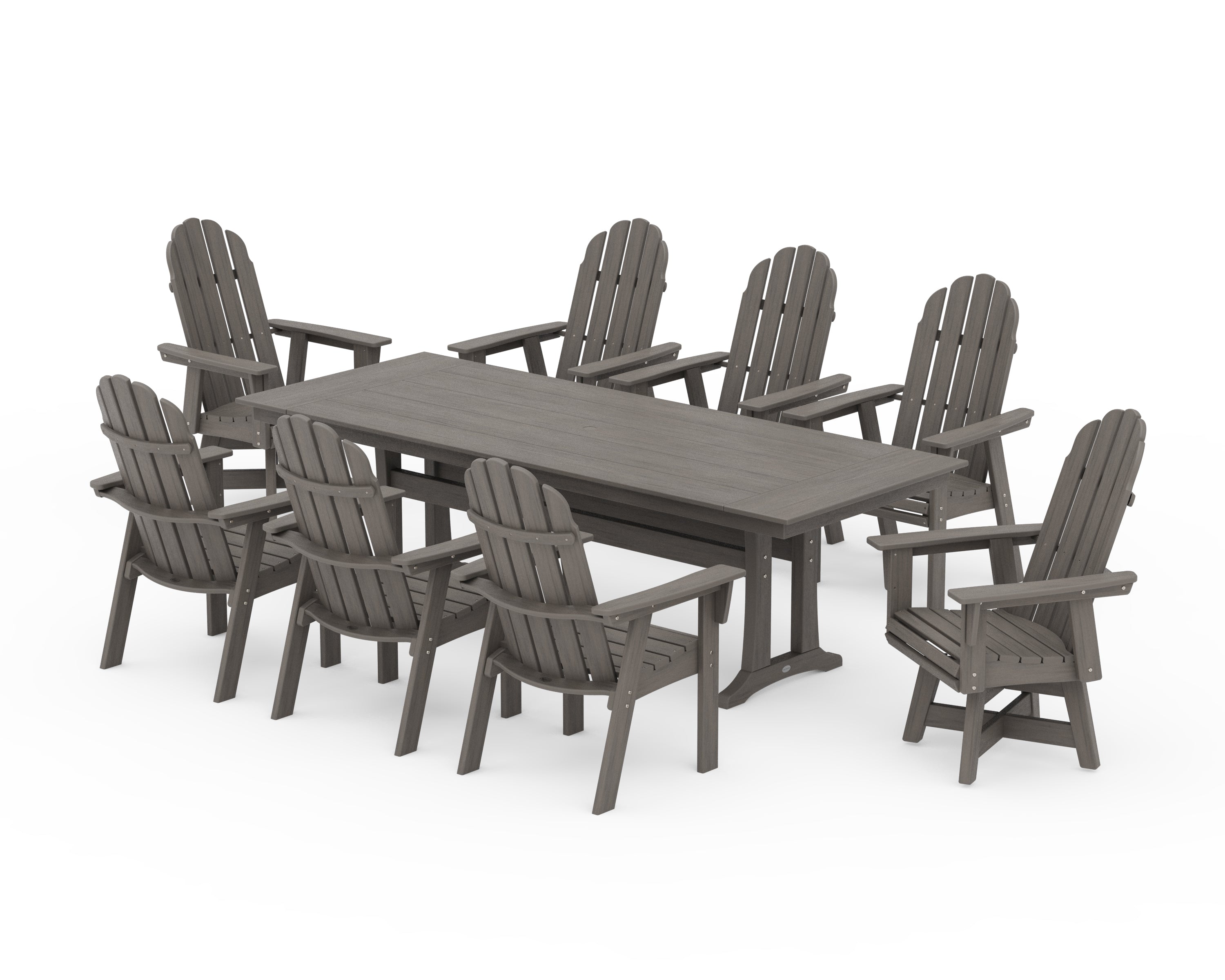 POLYWOOD Vineyard 9-Piece Curveback Adirondack Swivel Farmhouse Dining Set with Trestle Legs in Driftwood