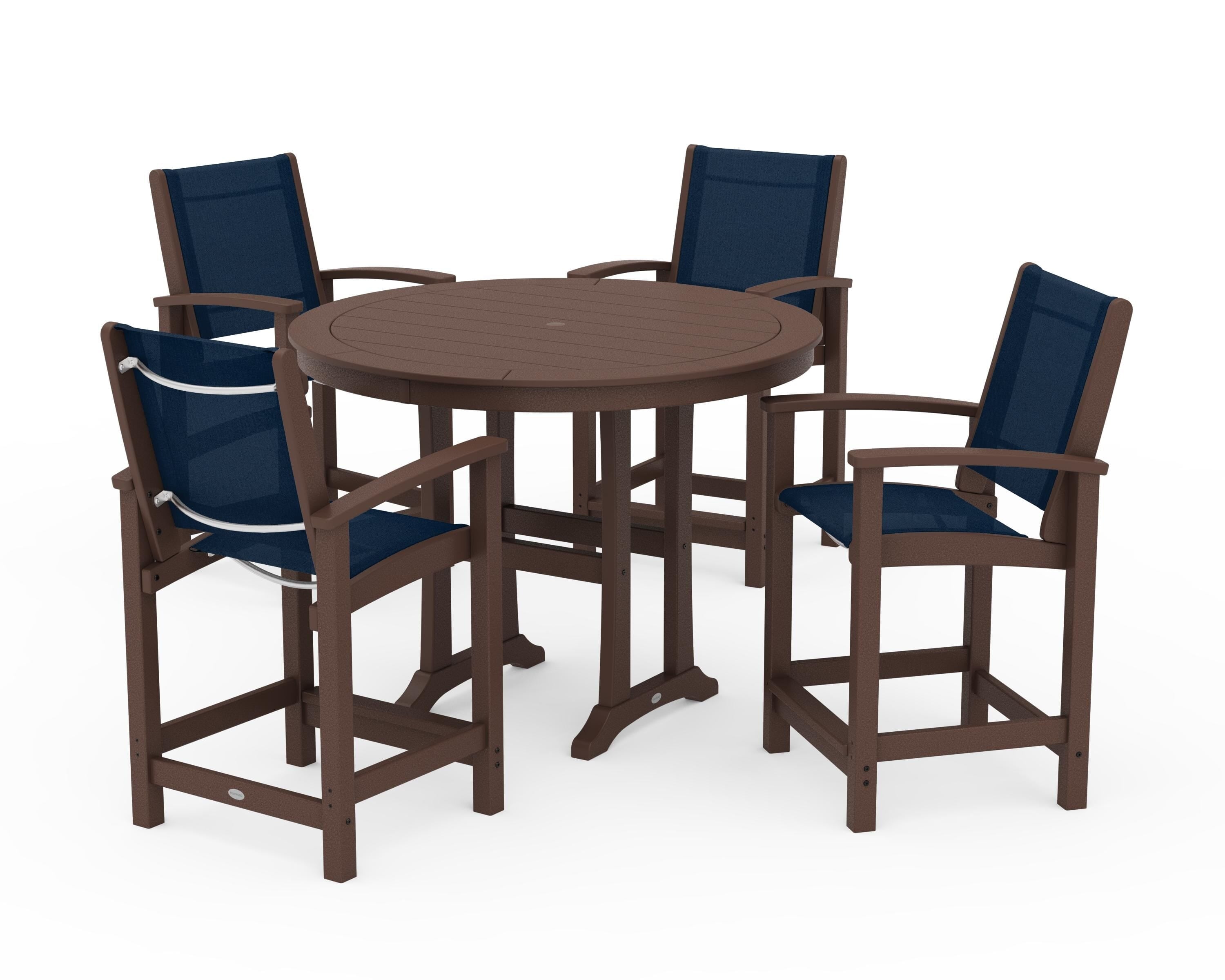POLYWOOD Coastal 5-Piece Counter Set in Mahogany / Navy Blue Sling