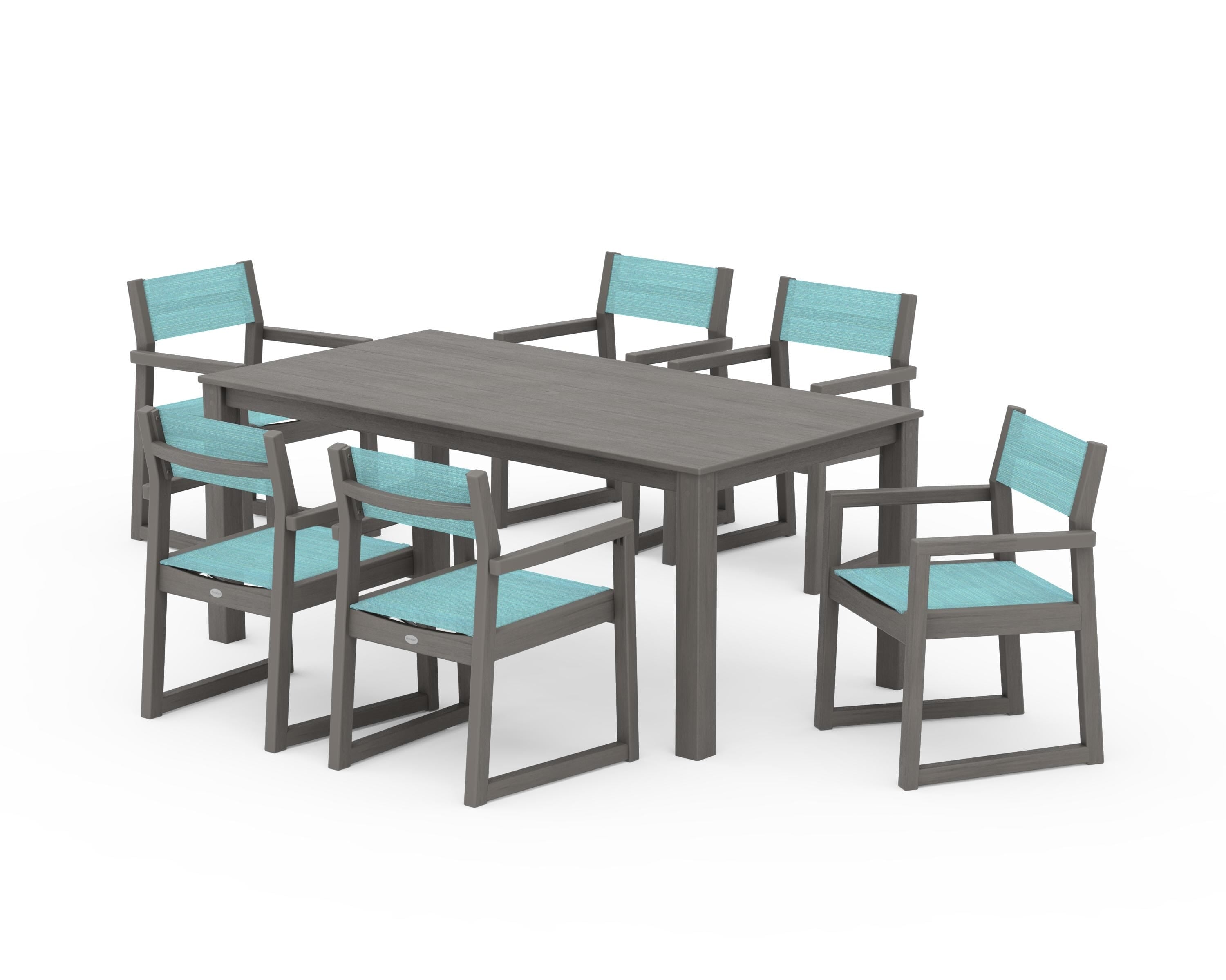 POLYWOOD EDGE Sling Arm Chair 7-Piece Parsons Dining Set in Driftwood / Dupioni Aquamarine Sling