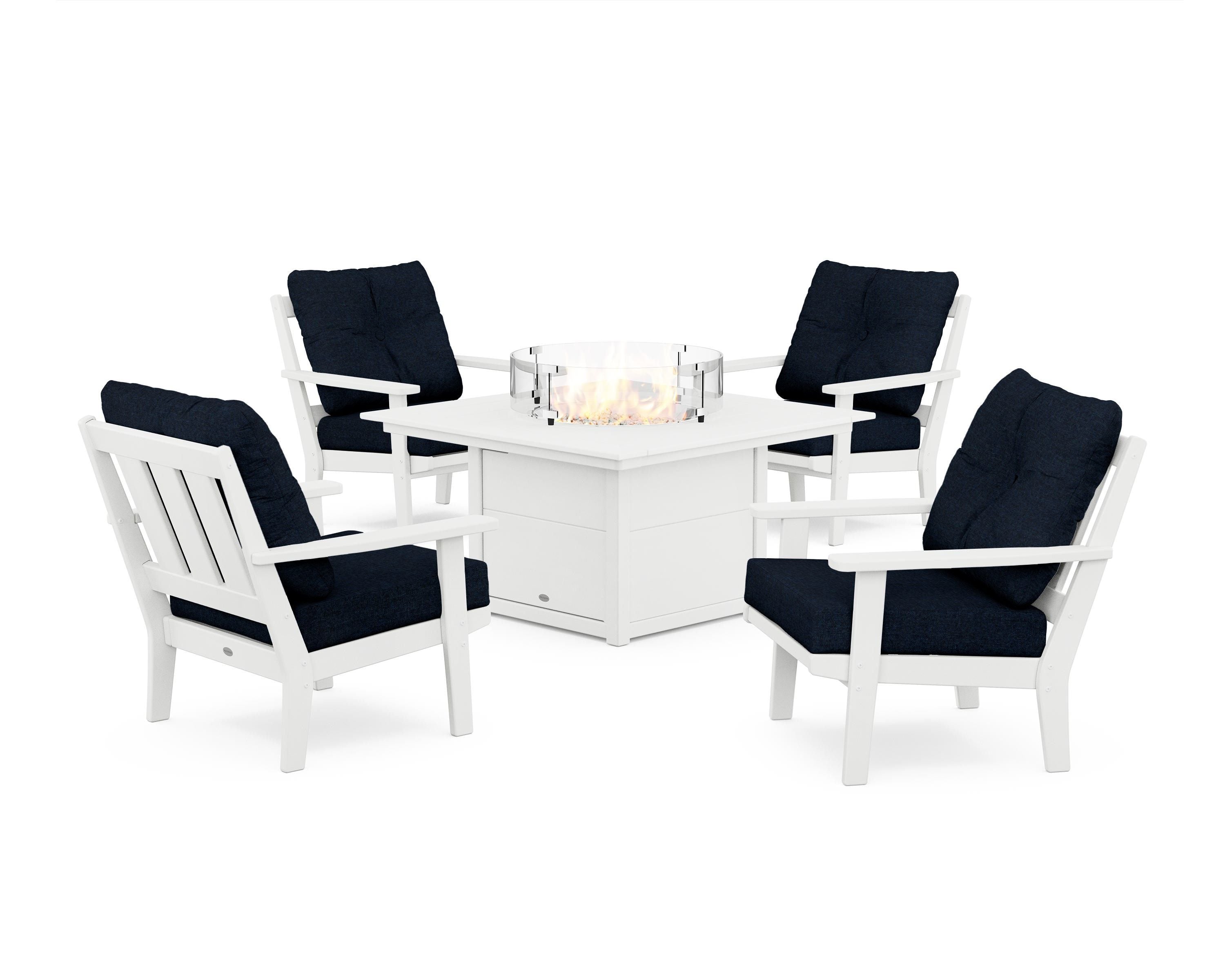 POLYWOOD Oxford 5-Piece Deep Seating Set with Fire Pit Table in White / Marine Indigo