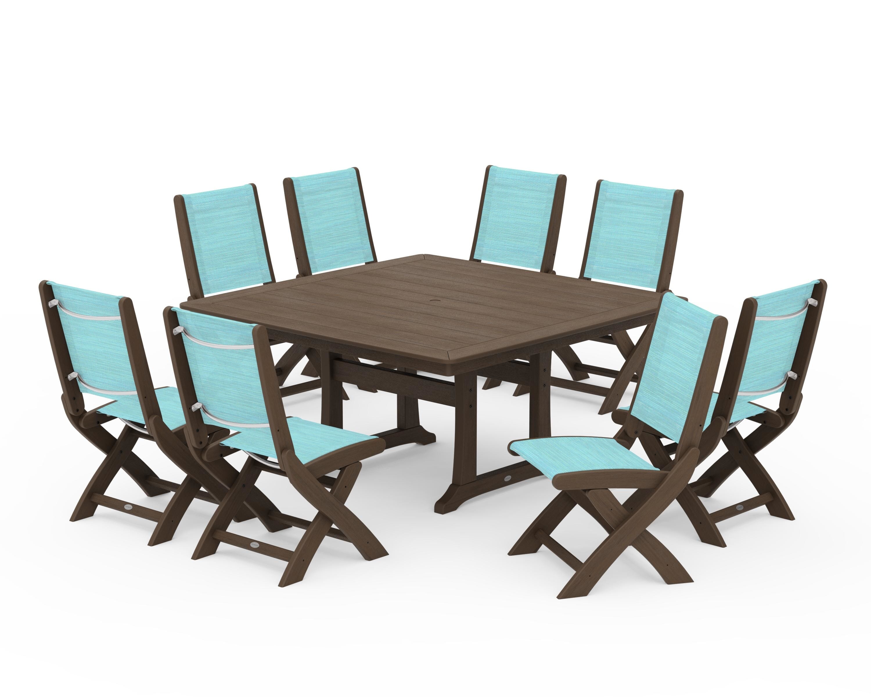 POLYWOOD Coastal Folding Side Chair 9-Piece Dining Set with Trestle Legs in Kona / Dupioni Aquamarine Sling