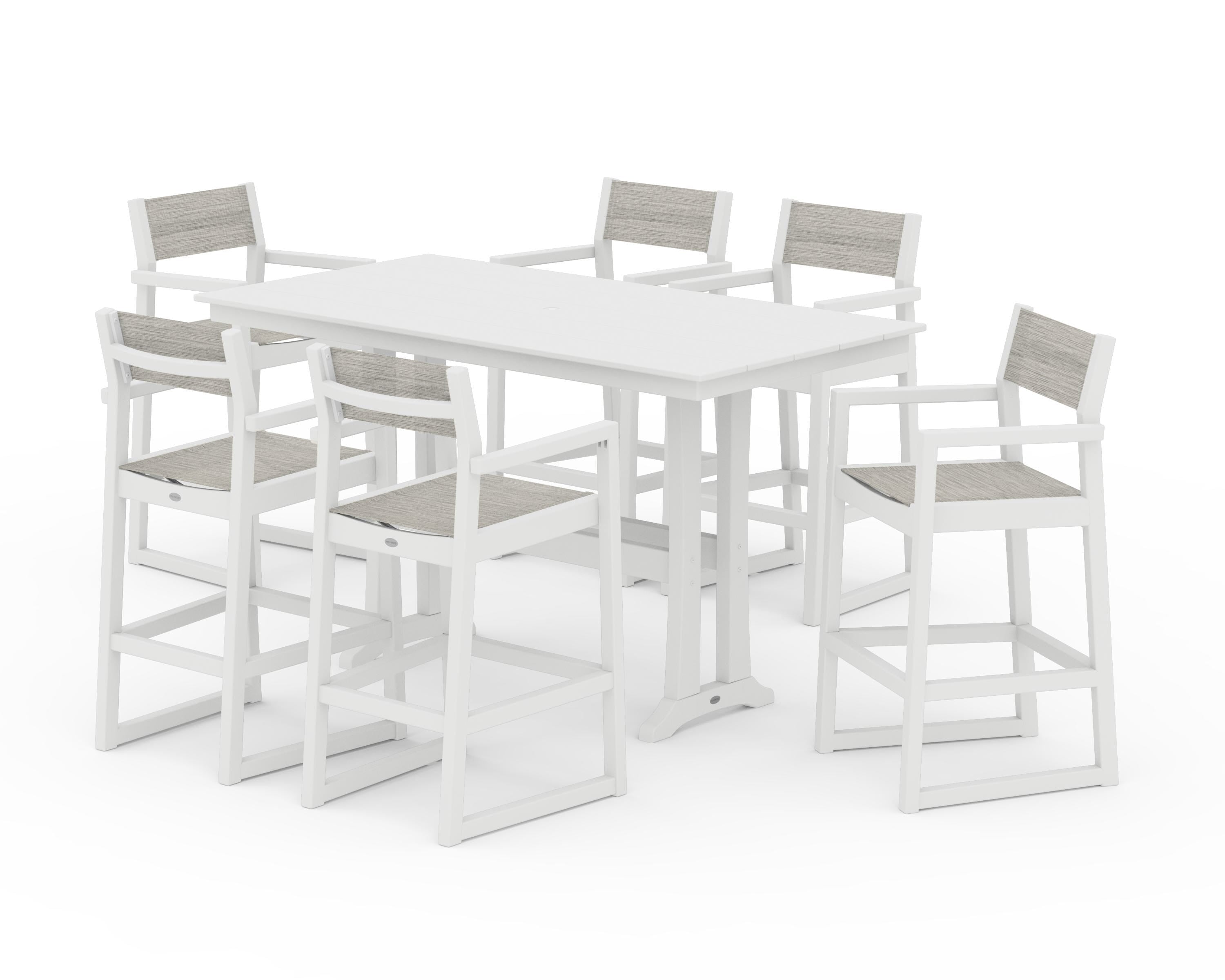POLYWOOD EDGE Sling Arm Chair 7-Piece Farmhouse Bar Set with Trestle Legs in White / Birch Sling
