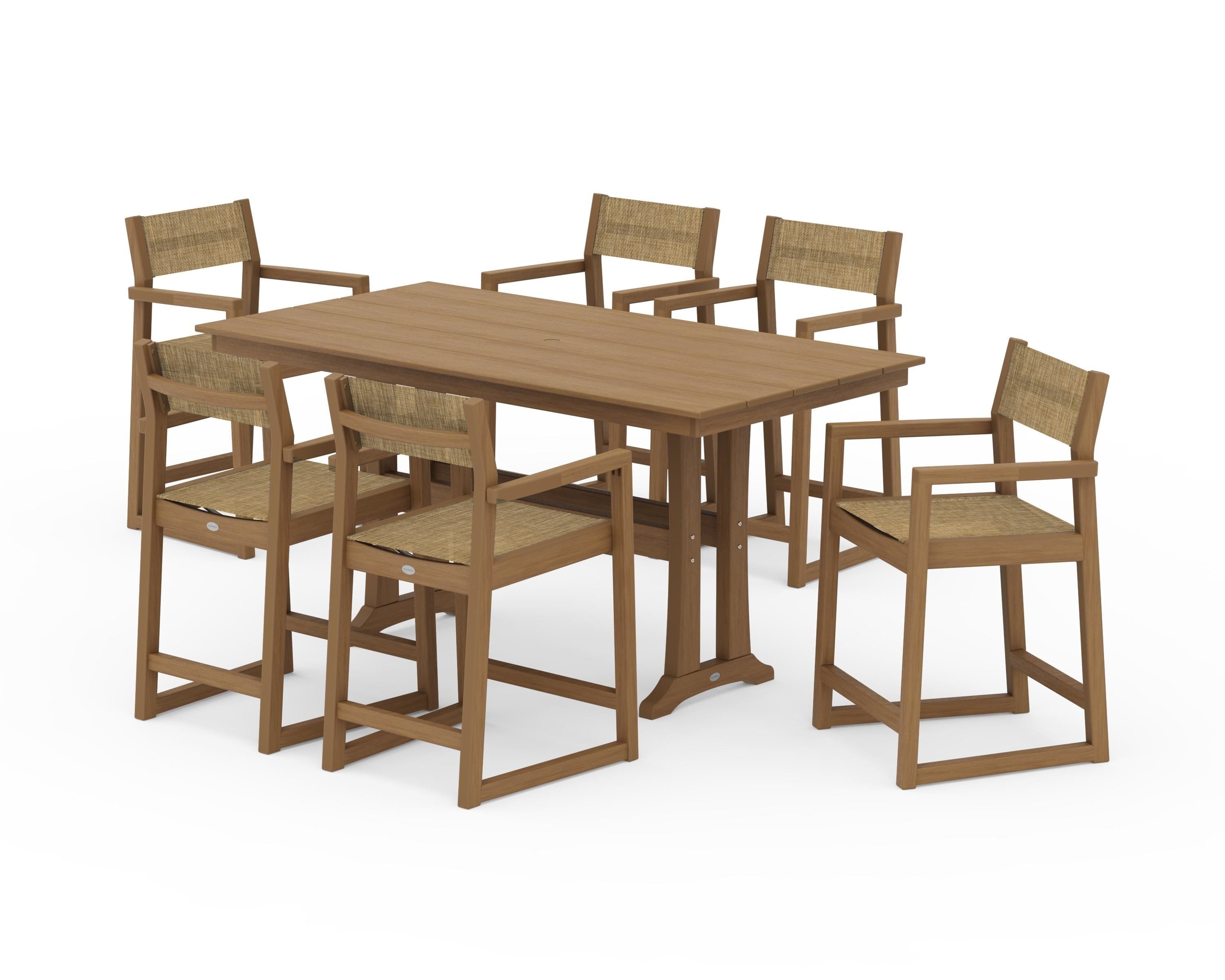 POLYWOOD EDGE Sling Arm Chair 7-Piece Farmhouse Counter Set with Trestle Legs in Natural / Burlap Sling