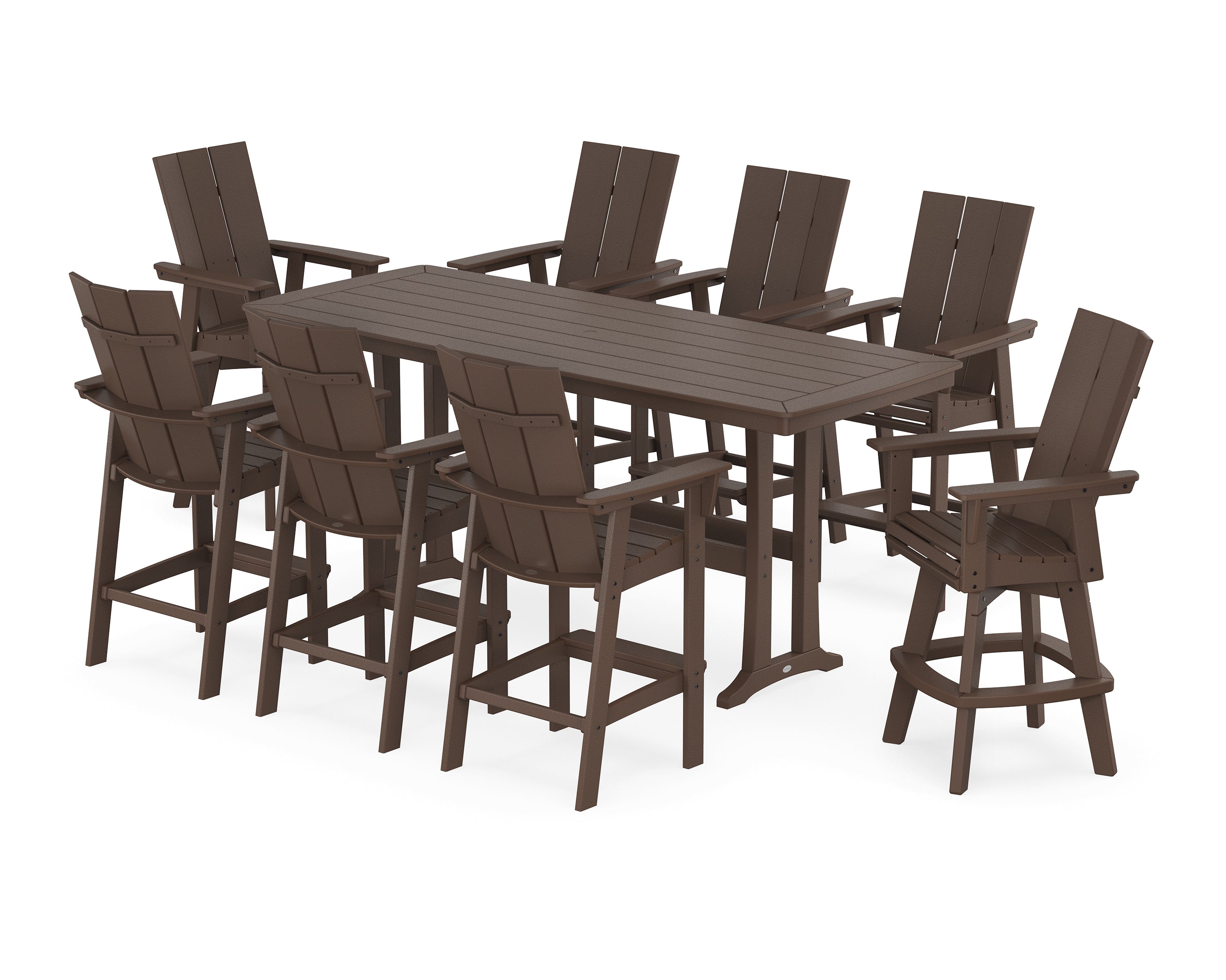 POLYWOOD® Modern Curveback Adirondack Swivel 9-Piece Bar Set with Trestle Legs in Mahogany