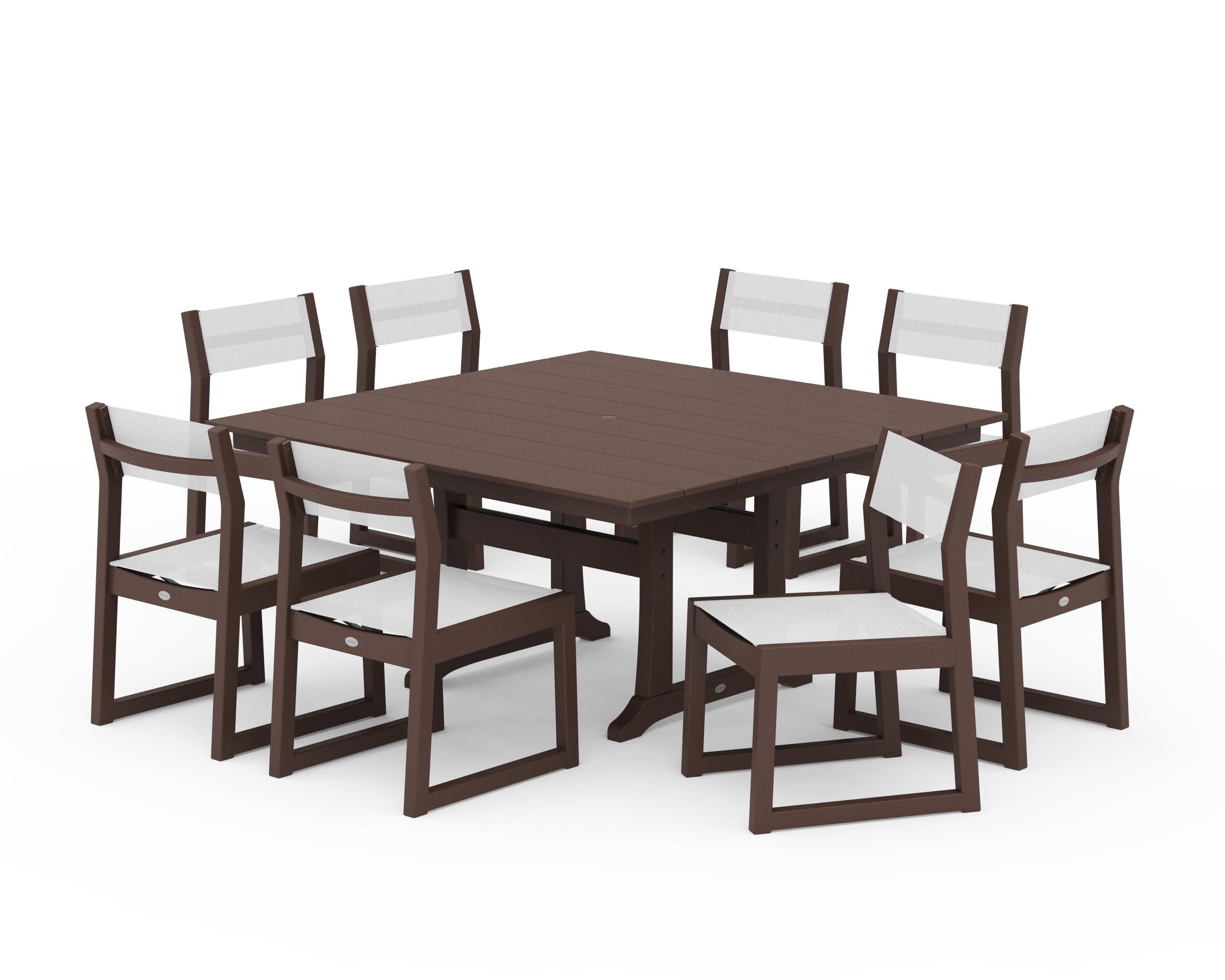 POLYWOOD EDGE Sling Side Chair 9-Piece Farmhouse Trestle Dining Set in Mahogany / White Sling