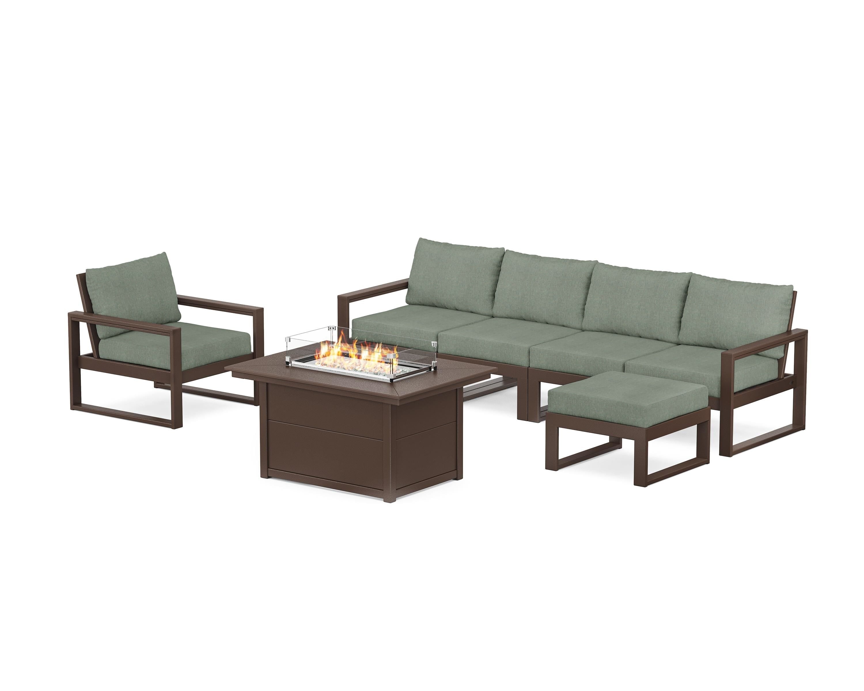 POLYWOOD EDGE Sectional Lounge and Fire Pit Set in Mahogany / Cast Sage