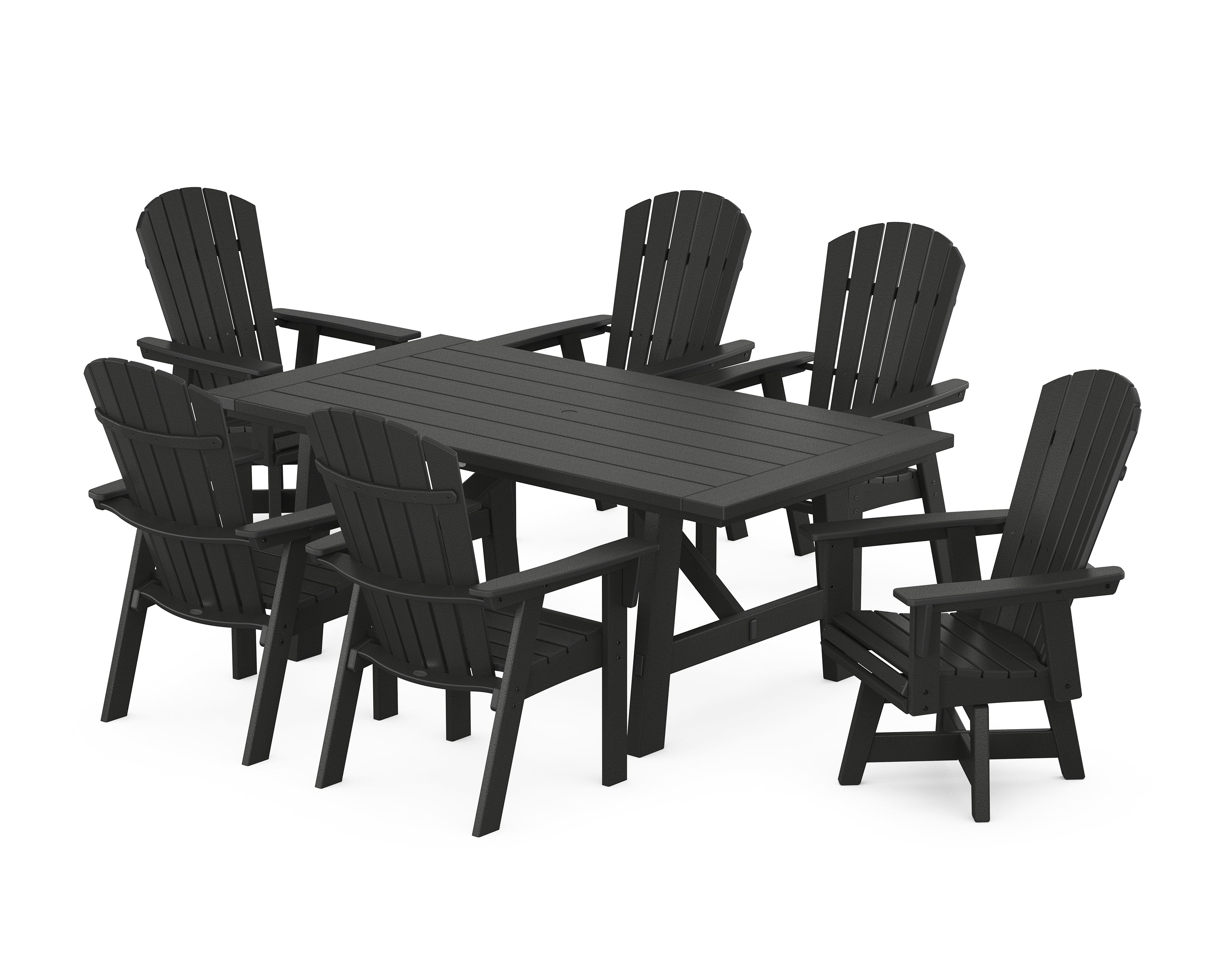 POLYWOOD Nautical Curveback Adirondack Swivel Chair 7-Piece Rustic Farmhouse Dining Set in Black