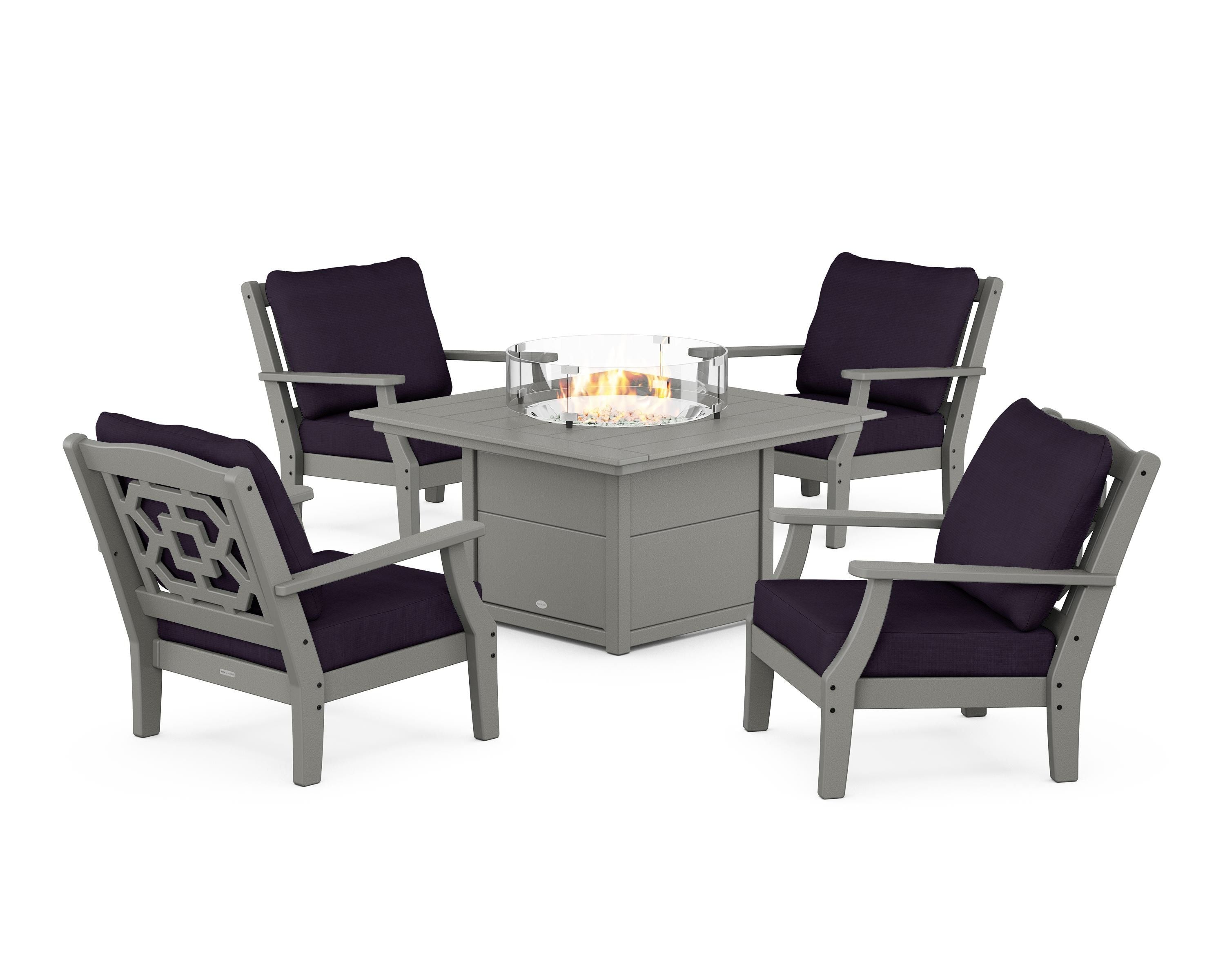 Martha Stewart by POLYWOOD Chinoiserie 5-Piece Deep Seating Set with Fire Pit Table in Slate Grey / Navy Linen