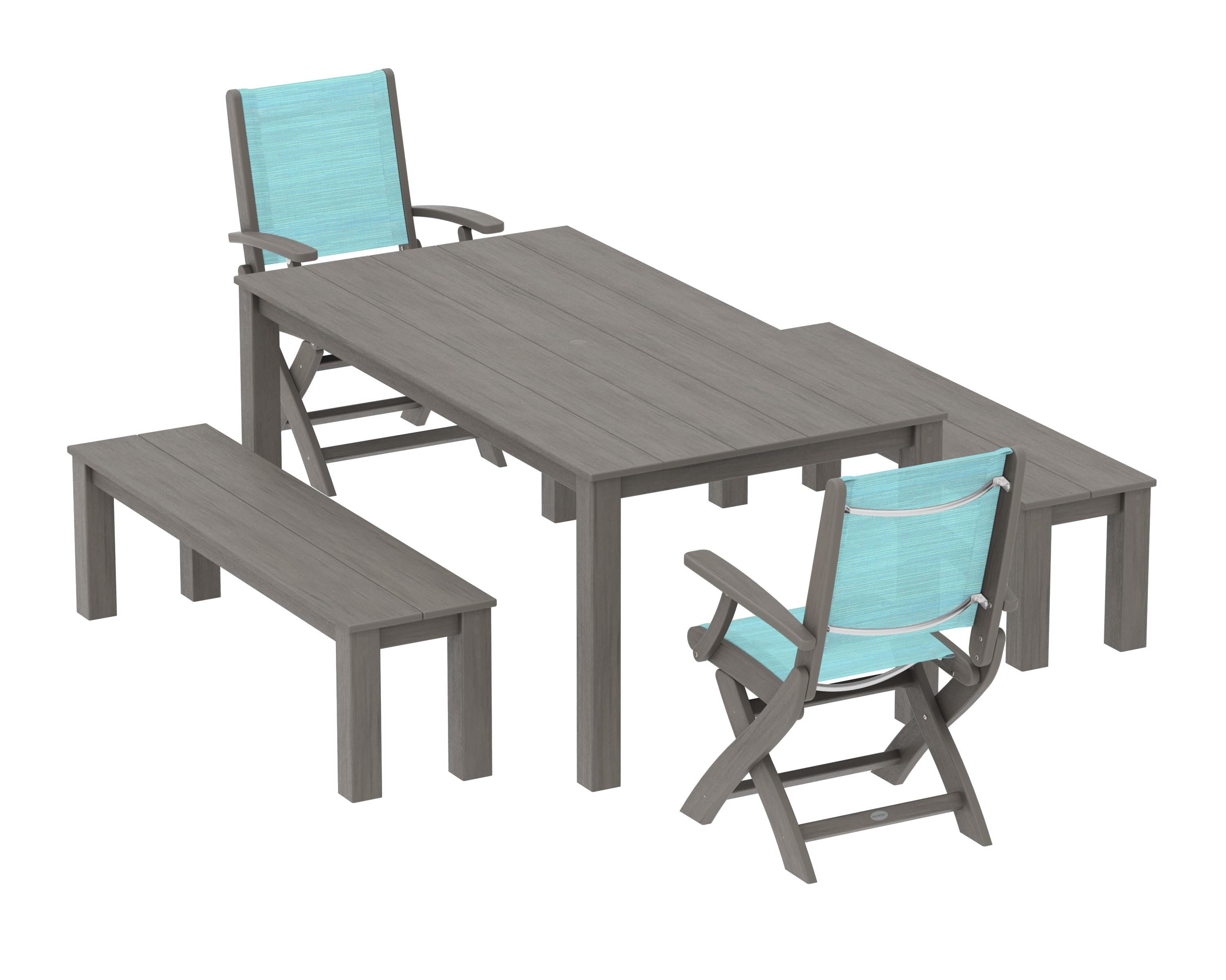 POLYWOOD Coastal Folding Chair 5-Piece Parsons Dining Set with Benches in Driftwood / Dupioni Aquamarine Sling