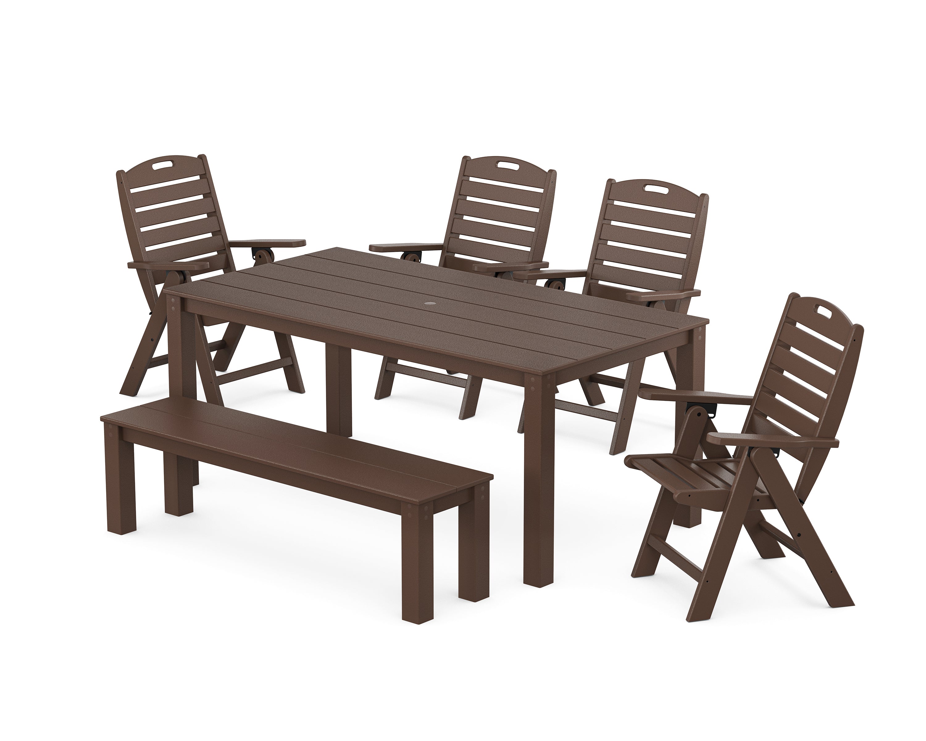 POLYWOOD Nautical Folding Highback Chair 6-Piece Parsons Dining Set with Bench in Mahogany